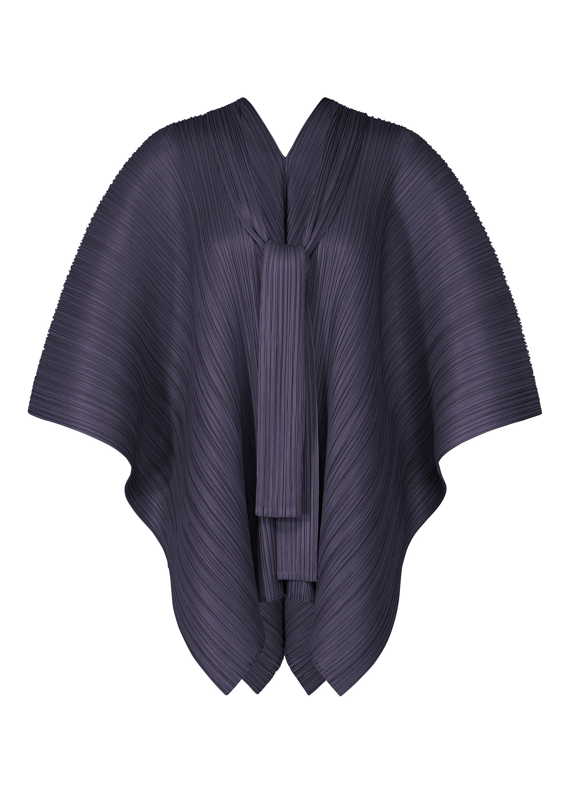 Zoomed view The LUCID PLEATS by PLEATS PLEASE ISSEY MIYAKE is a dark, pleated 3D cape-style garment with wide, flowing sleeves and a front scarf detail, shown against a white background. - NAVY （no.75）