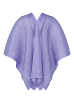 The LUCID PLEATS cape from PLEATS PLEASE ISSEY MIYAKE features light purple pleats, a V-neckline, wide flowing sleeves, and an elegant drape for versatile, stylish looks on any occasion.