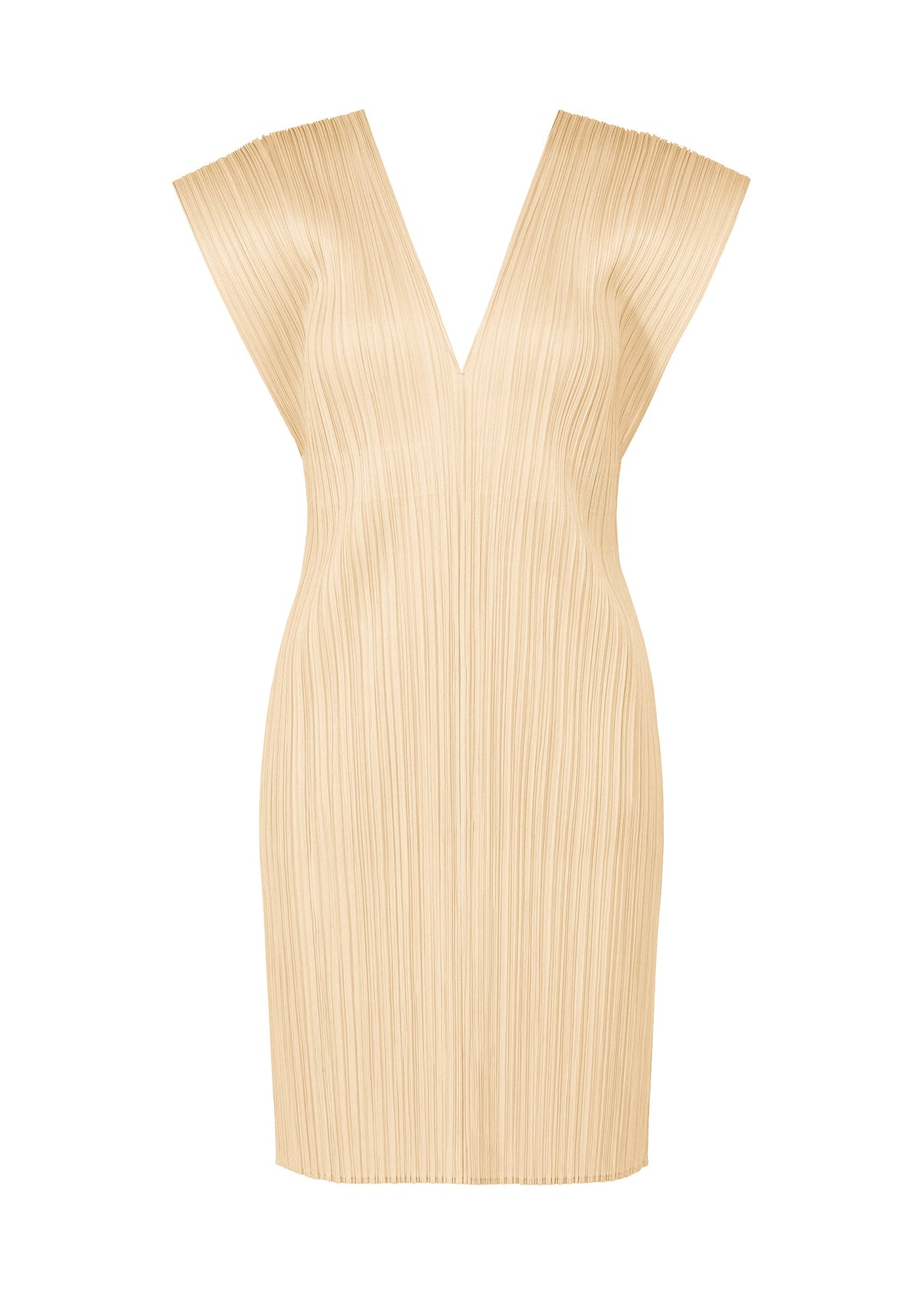 The LUCID PLEATS dress from PLEATS PLEASE ISSEY MIYAKE is a sleeveless, knee-length beige piece with a deep V-neckline, vertical pleats, and wide structured shoulders for versatile styling. view 1 of 9