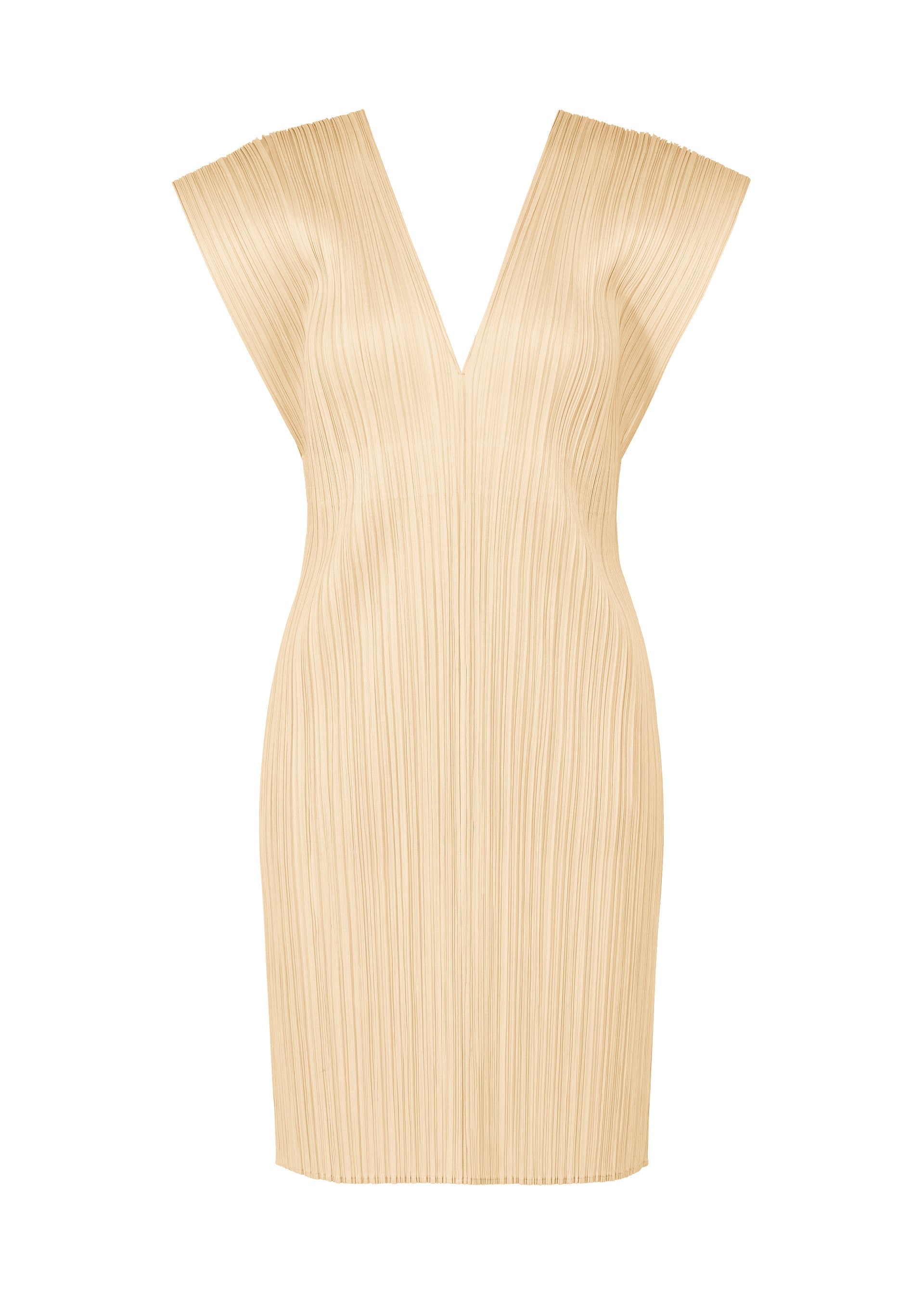 Zoomed view The LUCID PLEATS dress from PLEATS PLEASE ISSEY MIYAKE is a sleeveless, knee-length beige piece with a deep V-neckline, vertical pleats, and wide structured shoulders for versatile styling. - LIGHT BEIGE （no.39）