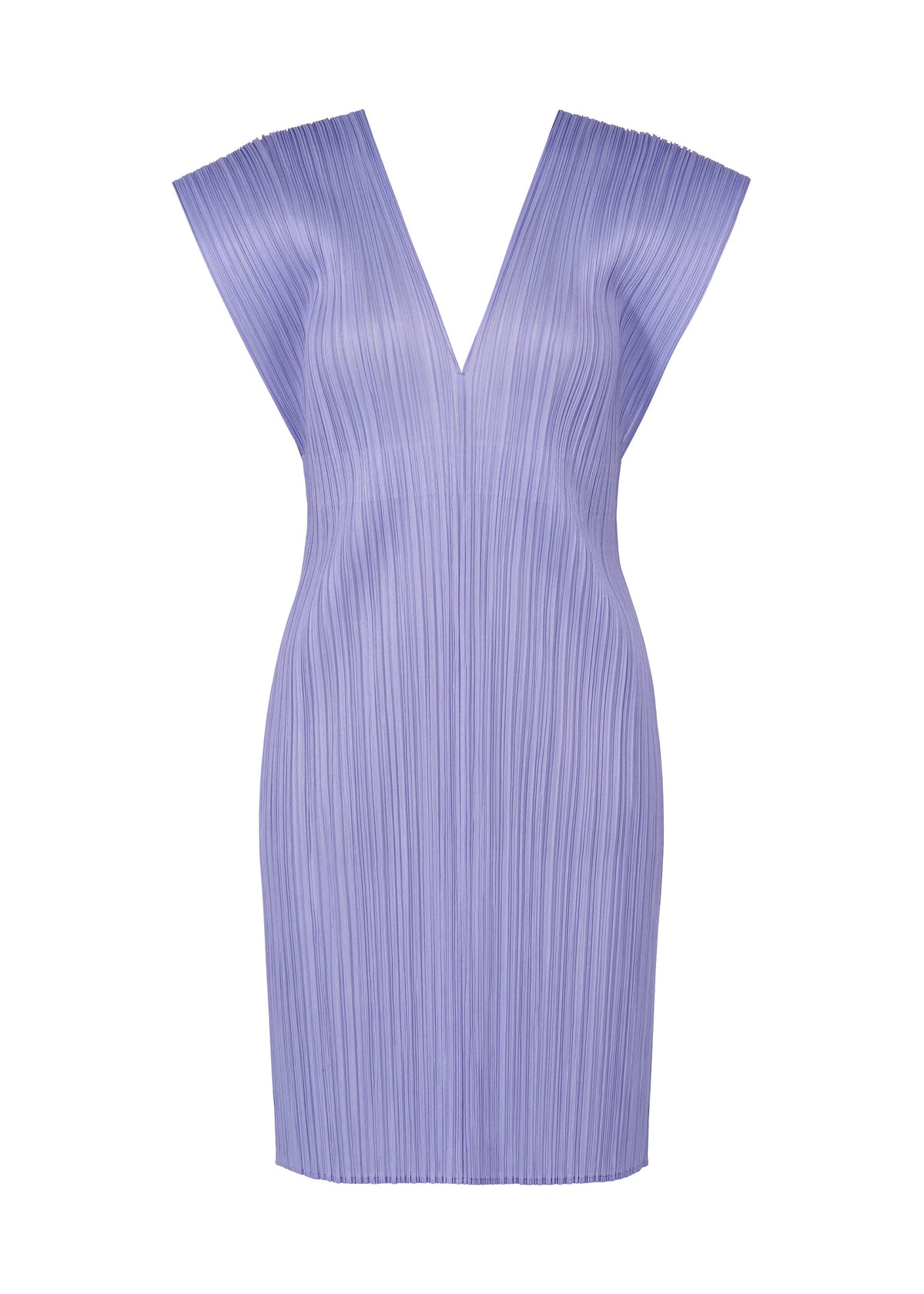 The LUCID PLEATS sleeveless knee-length dress by PLEATS PLEASE ISSEY MIYAKE features light lavender pleated fabric and a deep V-neck, paired with a sheer vest for modern texture and versatile styling for any occasion. view 2 of 9