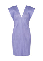 The LUCID PLEATS sleeveless knee-length dress by PLEATS PLEASE ISSEY MIYAKE features light lavender pleated fabric and a deep V-neck, paired with a sheer vest for modern texture and versatile styling for any occasion. - STEEL BLUE （no.74）