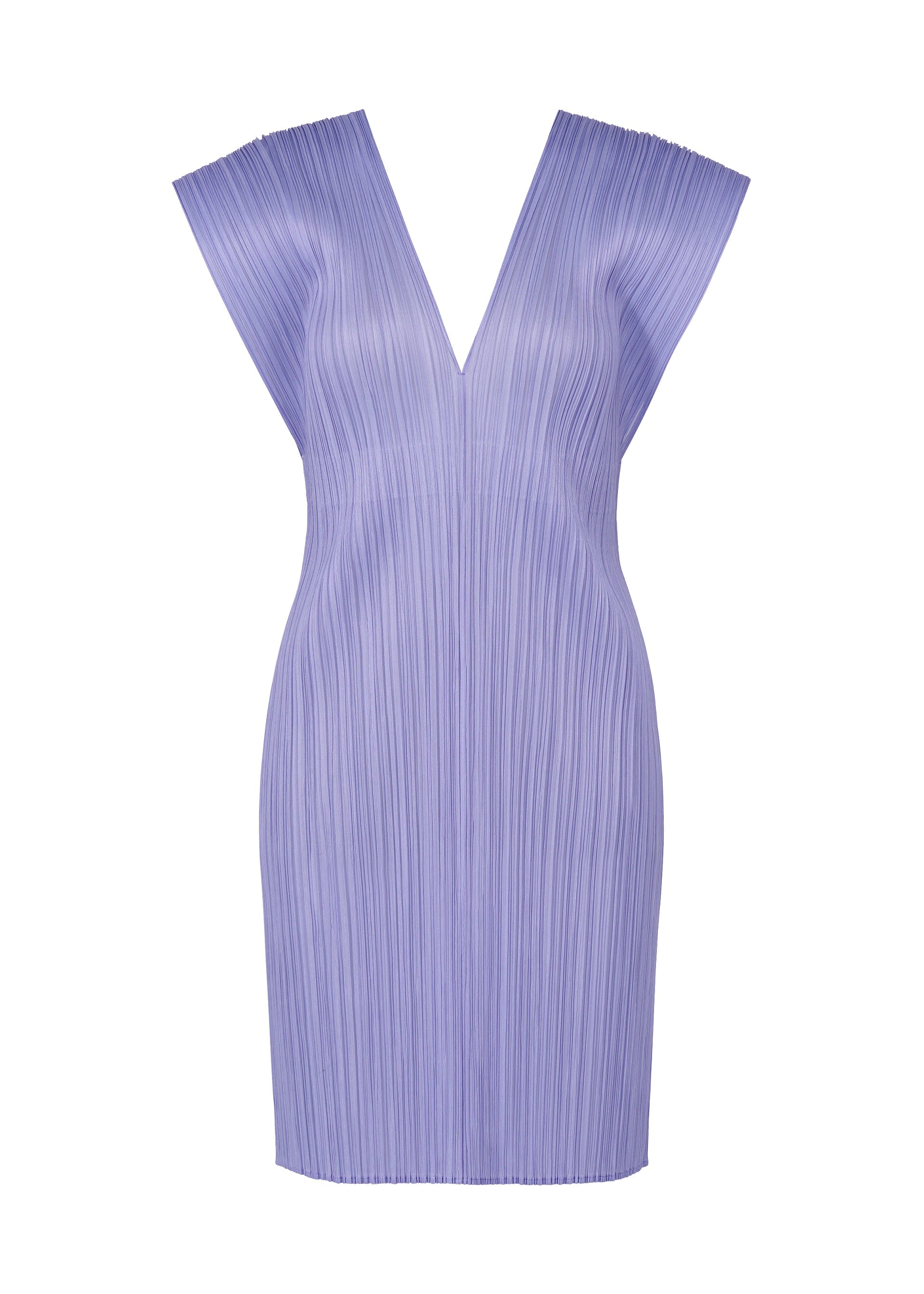 Zoomed view The LUCID PLEATS sleeveless knee-length dress by PLEATS PLEASE ISSEY MIYAKE features light lavender pleated fabric and a deep V-neck, paired with a sheer vest for modern texture and versatile styling for any occasion. - STEEL BLUE （no.74）