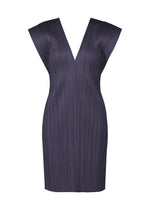 The LUCID PLEATS dress from PLEATS PLEASE ISSEY MIYAKE features a sleeveless, knee-length silhouette in dark gray with structured pleats and a deep V-neck—ideal for layering with a sheer long vest to create modern styling options. - NAVY （no.75）