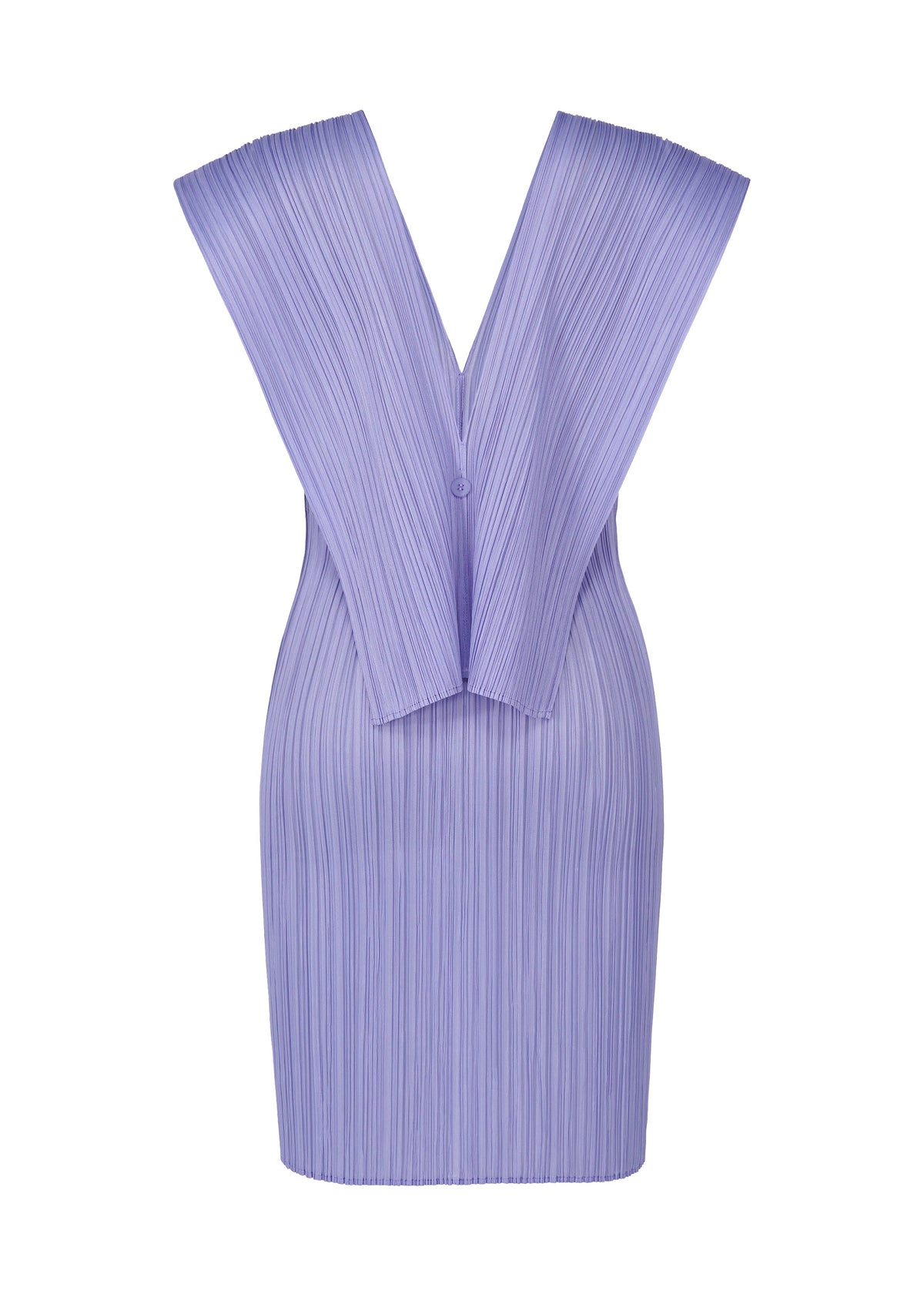 The LUCID PLEATS dress by PLEATS PLEASE ISSEY MIYAKE is a lavender, knee-length pleated piece with wide, structured shoulders and a deep V-back—ideal for layering with a sheer long vest for chic style. view 4 of 9