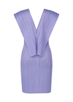 The LUCID PLEATS dress by PLEATS PLEASE ISSEY MIYAKE is a lavender, knee-length pleated piece with wide, structured shoulders and a deep V-back—ideal for layering with a sheer long vest for chic style.