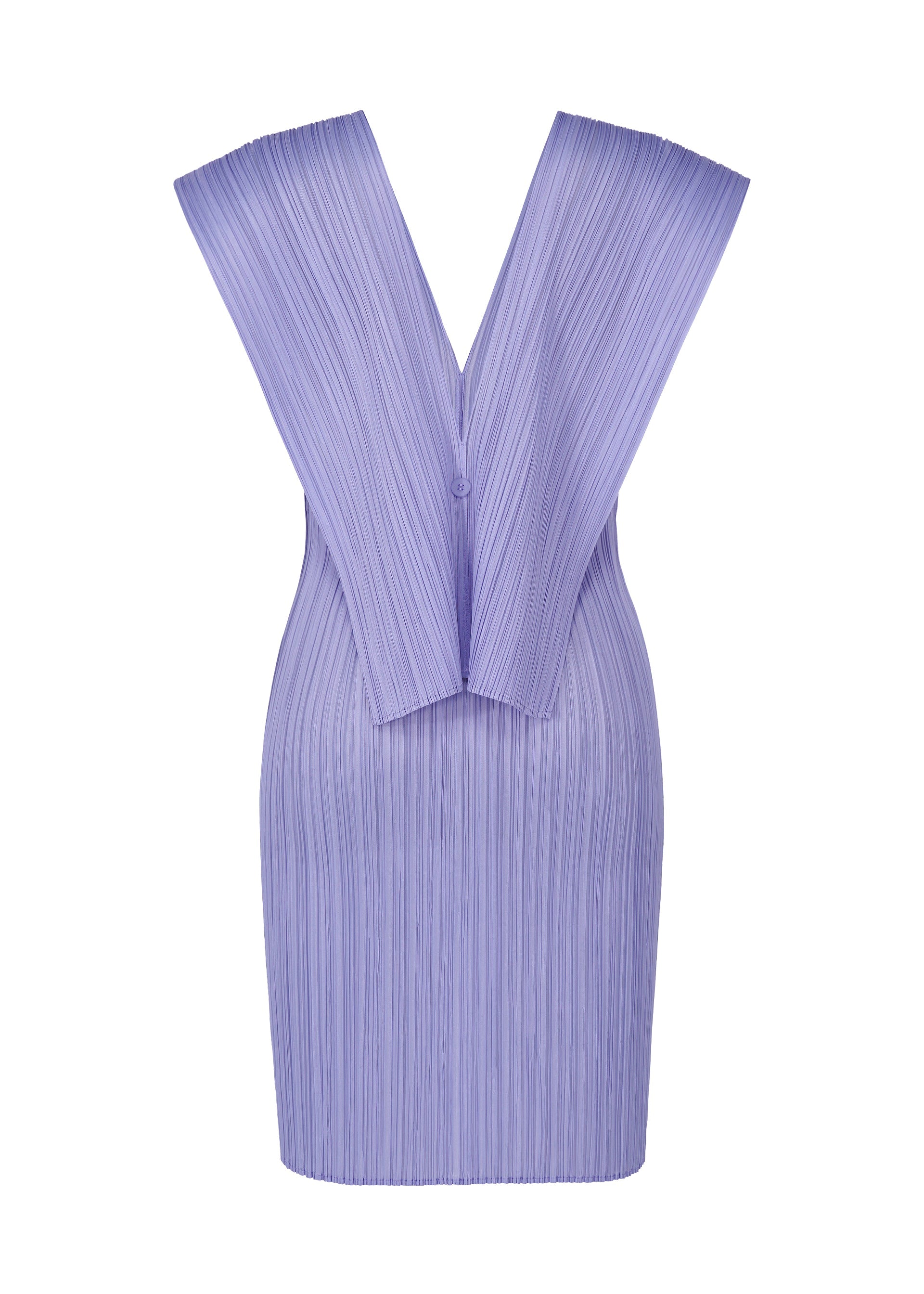 Zoomed view The LUCID PLEATS dress by PLEATS PLEASE ISSEY MIYAKE is a lavender, knee-length pleated piece with wide, structured shoulders and a deep V-back—ideal for layering with a sheer long vest for chic style.