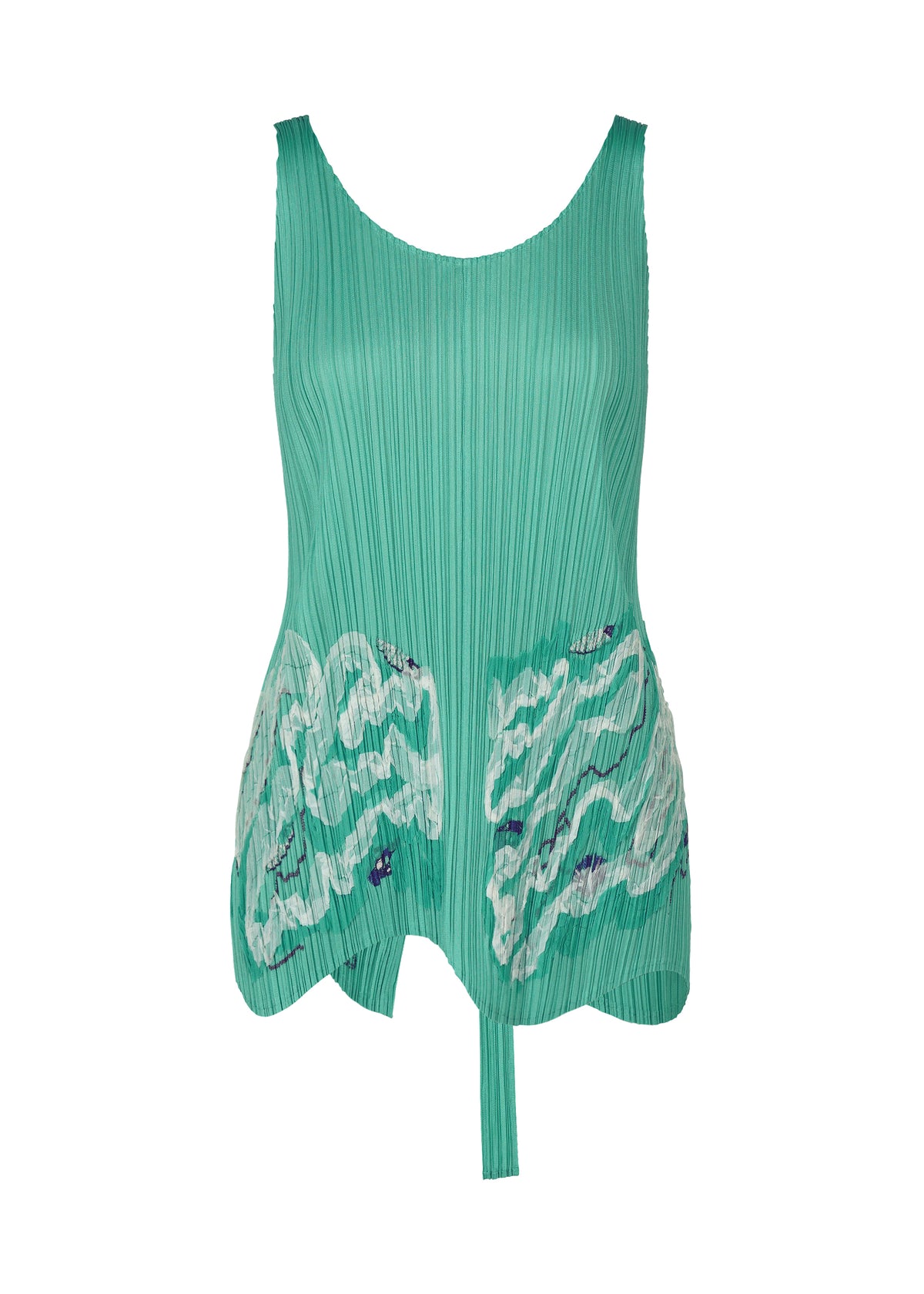The I SPY! sleeveless pleated green vest by PLEATS PLEASE ISSEY MIYAKE features a scoop neck, scalloped hem, white abstract front patterns, and a playful matching tie for beach treasure-hunting flair. view 3 of 11