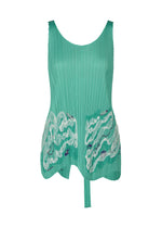 The I SPY! sleeveless pleated green vest by PLEATS PLEASE ISSEY MIYAKE features a scoop neck, scalloped hem, white abstract front patterns, and a playful matching tie for beach treasure-hunting flair. - TURQUOISE GREEN (no.66)