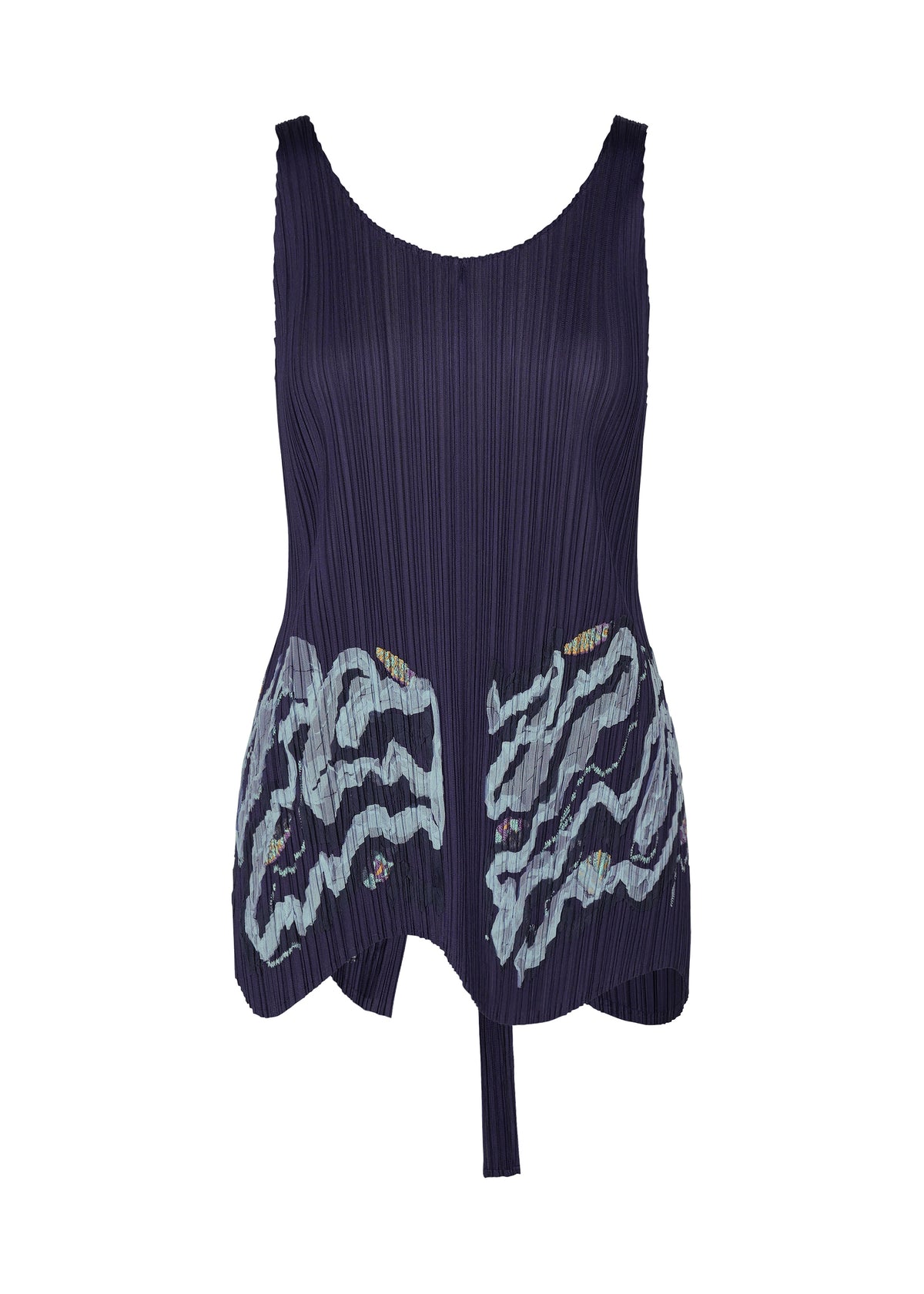 The I SPY! sleeveless pleated vest by PLEATS PLEASE ISSEY MIYAKE features a dark blue, apron-style design with a round neck, asymmetrical hem, light blue abstract wave patterns, and colorful accents on the lower front. view 2 of 11