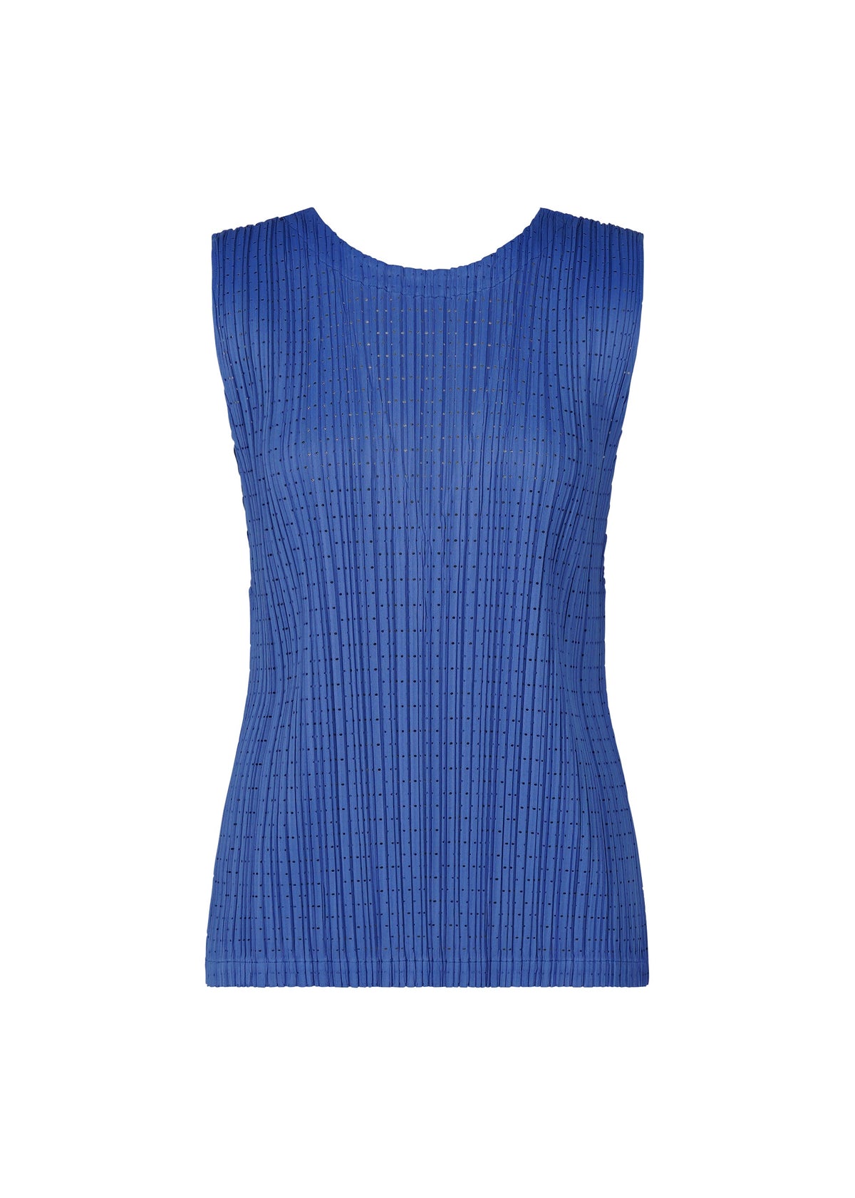 The STARDUST sleeveless blue ribbed top by PLEATS PLEASE ISSEY MIYAKE features vertical textured lines and a matte finish, shown against a white background. view 2 of 8