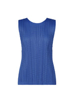 The STARDUST sleeveless blue ribbed top by PLEATS PLEASE ISSEY MIYAKE features vertical textured lines and a matte finish, shown against a white background. - BLUE （no.72）