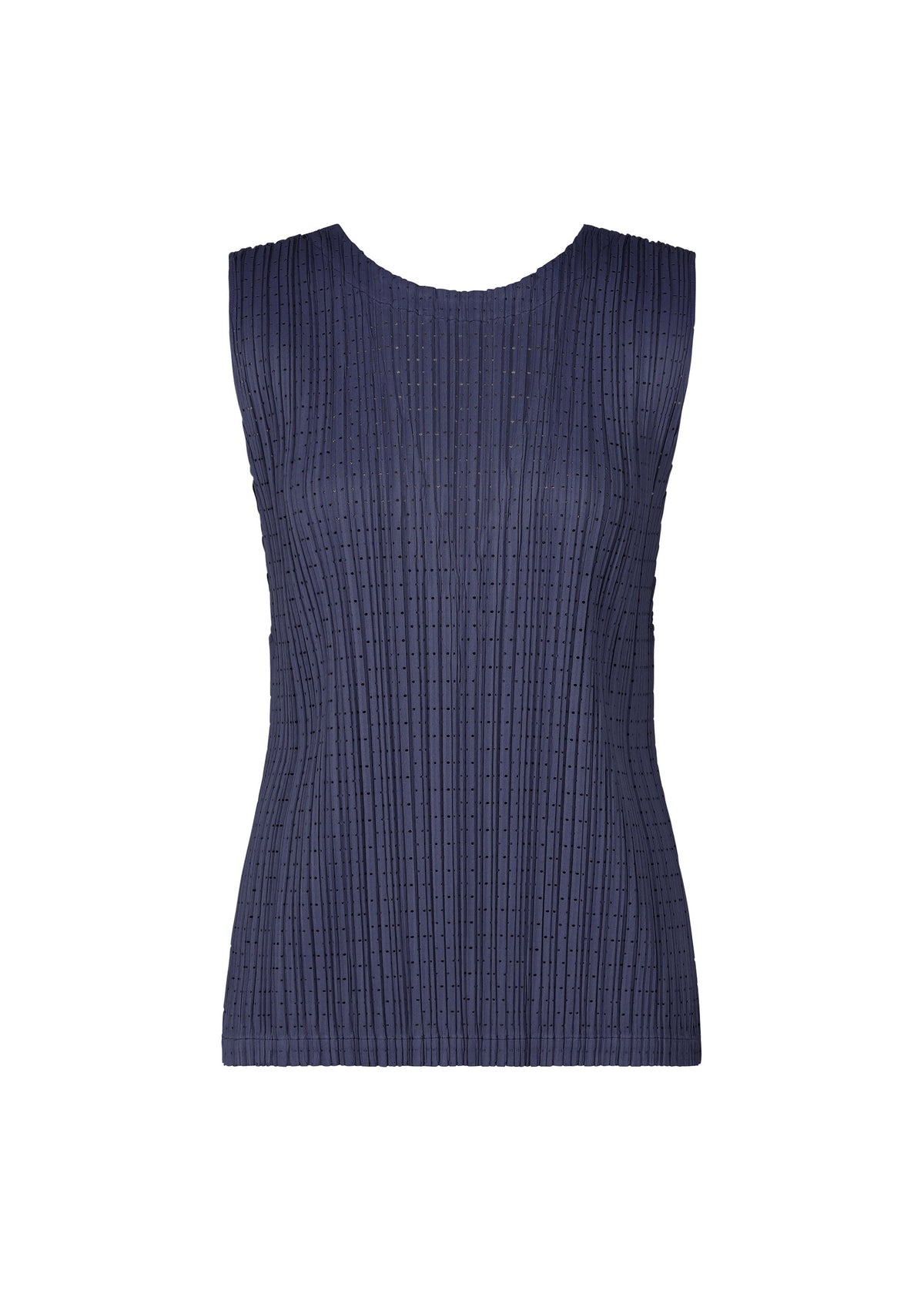 The STARDUST sleeveless top by PLEATS PLEASE ISSEY MIYAKE features a navy blue hue, round neckline, voluminous fit, and vertical ribbed texture, shown against a plain white background. view 3 of 8