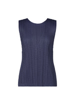 The STARDUST sleeveless top by PLEATS PLEASE ISSEY MIYAKE features a navy blue hue, round neckline, voluminous fit, and vertical ribbed texture, shown against a plain white background. - NAVY （no.75）