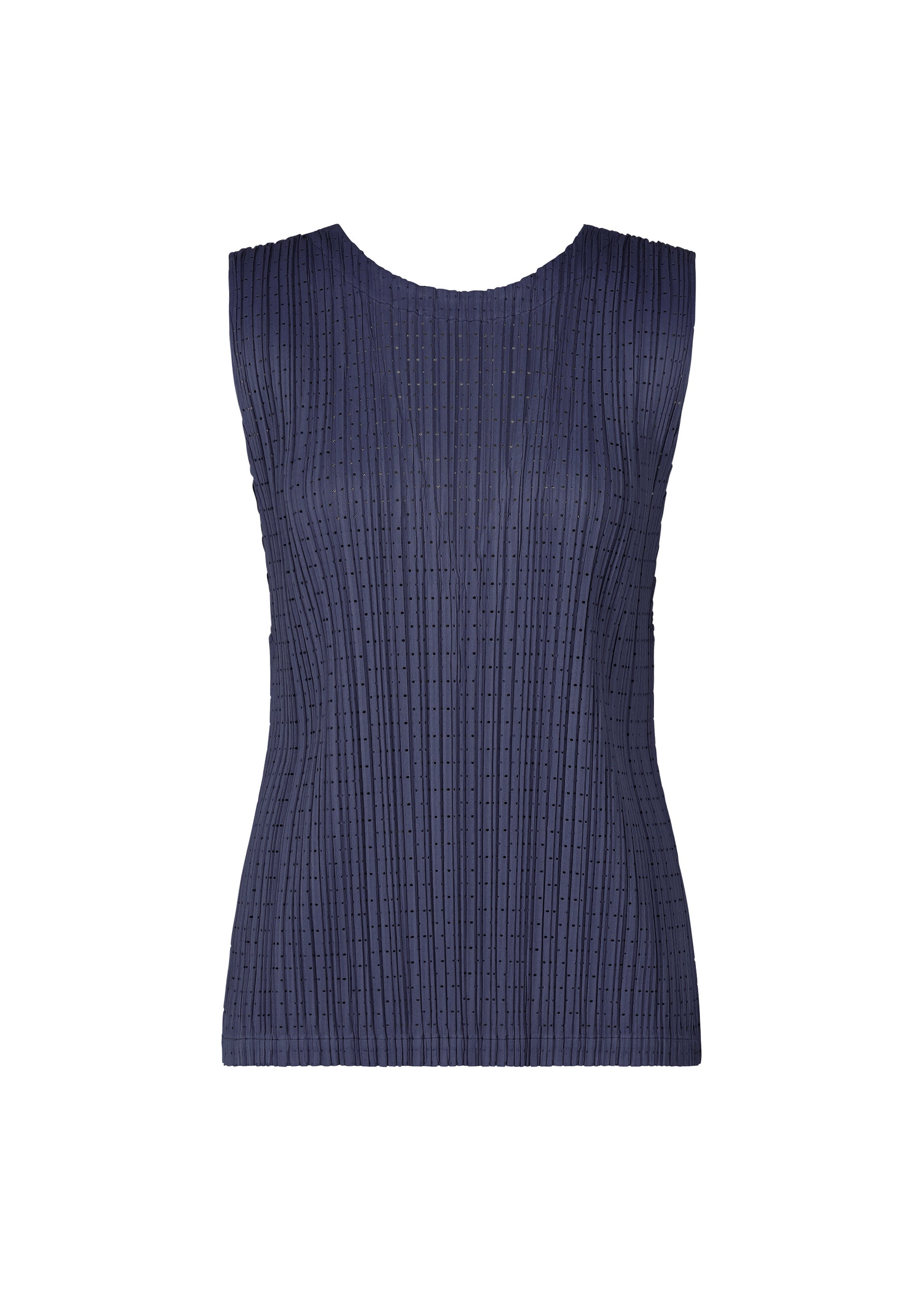Zoomed view The STARDUST sleeveless top by PLEATS PLEASE ISSEY MIYAKE features a navy blue hue, round neckline, voluminous fit, and vertical ribbed texture, shown against a plain white background. - NAVY （no.75）