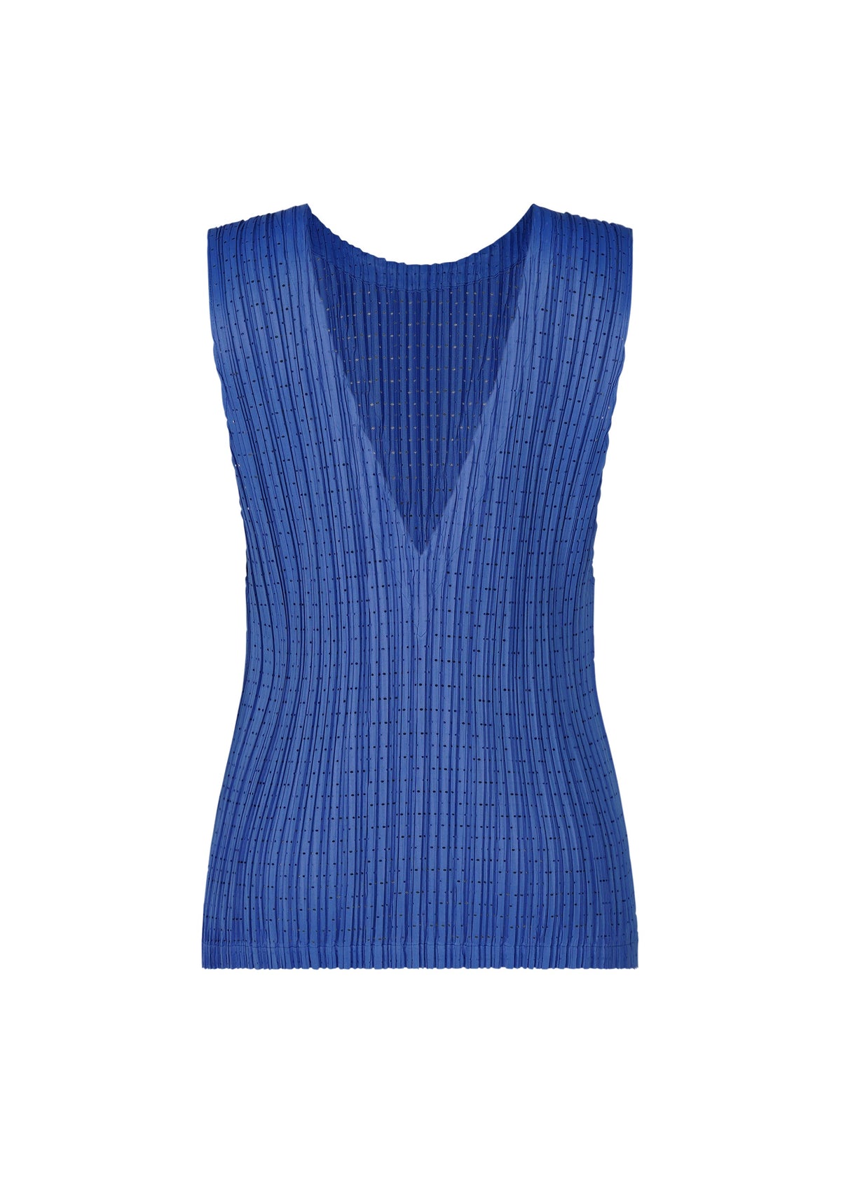 The STARDUST top by PLEATS PLEASE ISSEY MIYAKE is a sleeveless, fitted blue ribbed knit with a deep V-neckline and matte texture, shown against a white background. view 4 of 8
