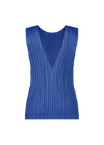 The STARDUST top by PLEATS PLEASE ISSEY MIYAKE is a sleeveless, fitted blue ribbed knit with a deep V-neckline and matte texture, shown against a white background.