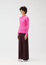 A person with short curly hair wears the MONTHLY COLORS : JANUARY top by PLEATS PLEASE ISSEY MIYAKE, paired with mid-weight dark brown straight pants with pockets and white shoes, standing against a plain white background.