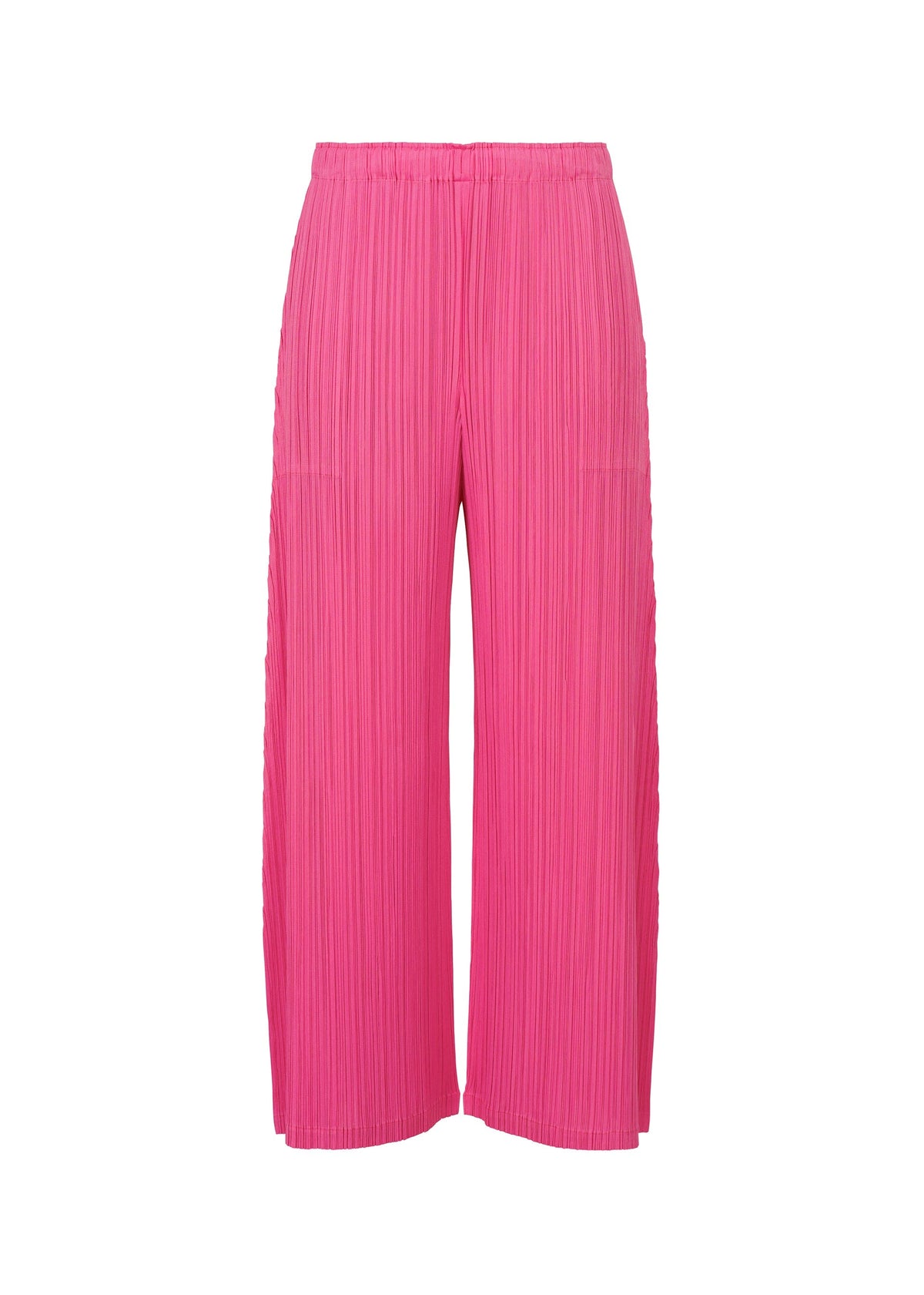 The MONTHLY COLORS : JANUARY wide-leg pleated pants by PLEATS PLEASE ISSEY MIYAKE feature bright pink mid-weight fabric, pockets, and an elastic waistband, shown on a plain white background. view 2 of 8