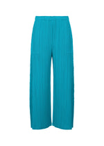 The MONTHLY COLORS : JANUARY pants by PLEATS PLEASE ISSEY MIYAKE are turquoise, wide-leg, mid-weight with pleated texture, elastic waistband, and straight hem, shown on a plain white background. - SKY BLUE （no.73）