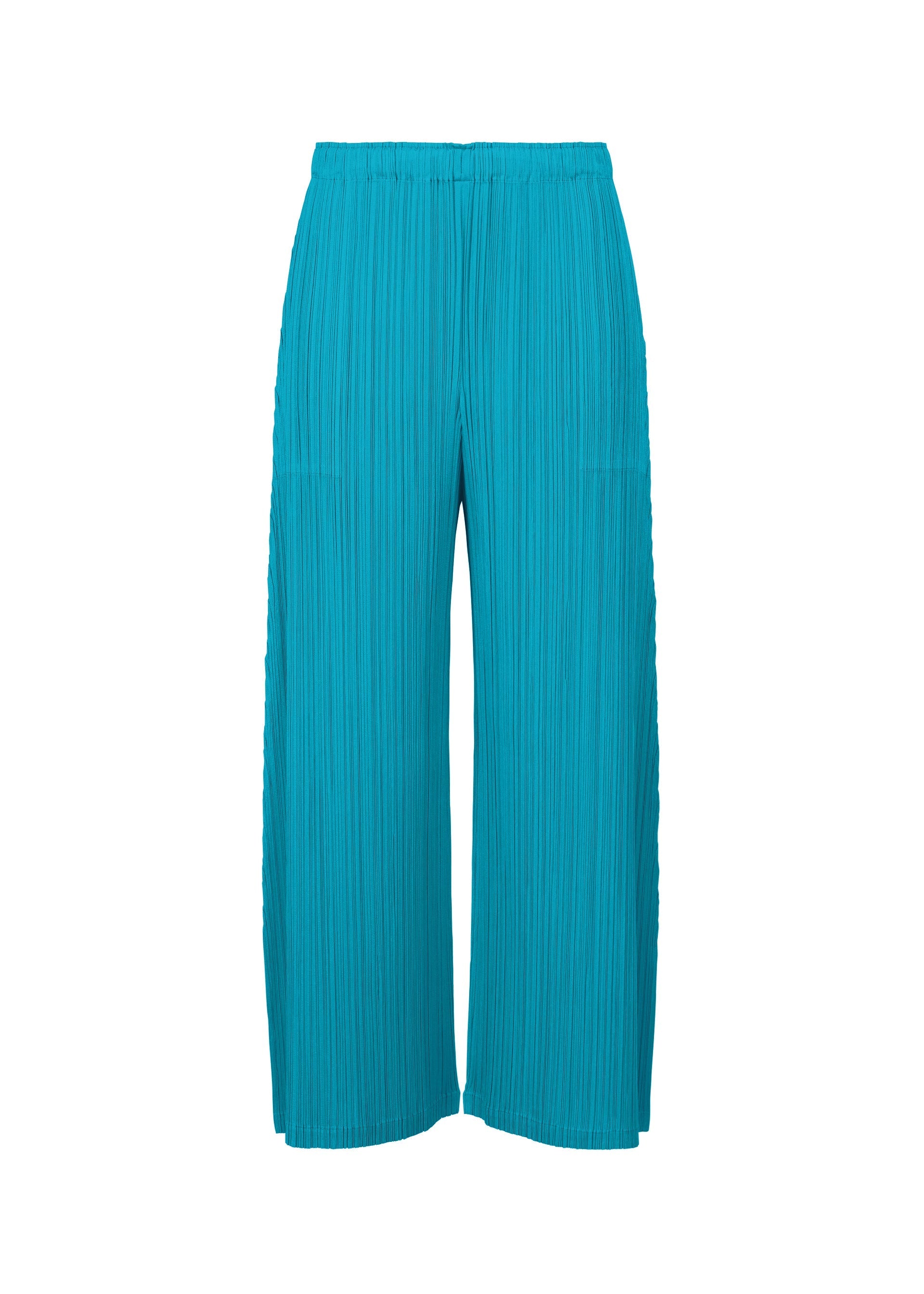 Zoomed view The MONTHLY COLORS : JANUARY pants by PLEATS PLEASE ISSEY MIYAKE are turquoise, wide-leg, mid-weight with pleated texture, elastic waistband, and straight hem, shown on a plain white background. - SKY BLUE （no.73）