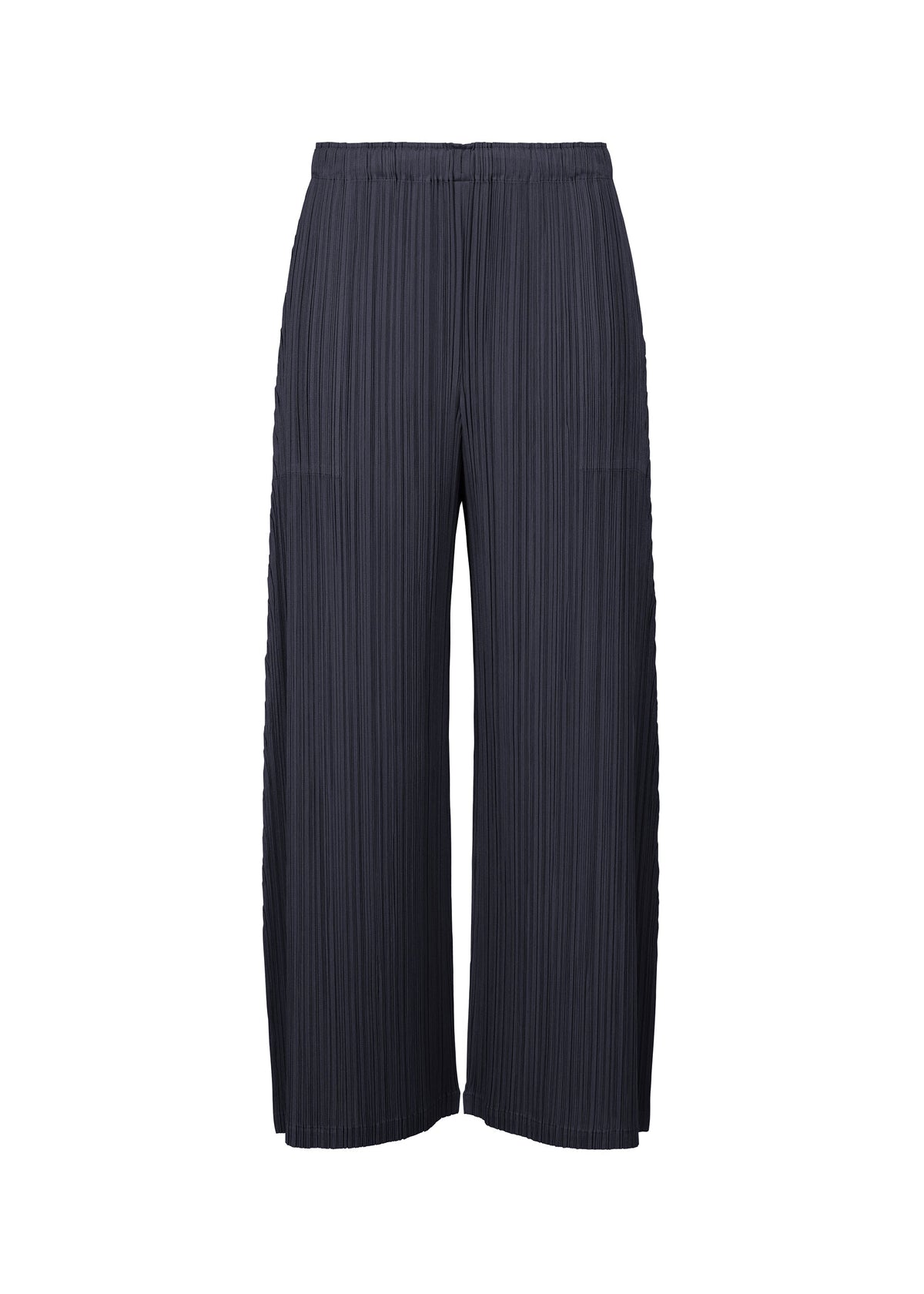Wide-leg, high-waisted dark navy pleated pants with pockets and an elastic waistband from PLEATS PLEASE ISSEY MIYAKE's MONTHLY COLORS : JANUARY, shown against a white background. view 5 of 8