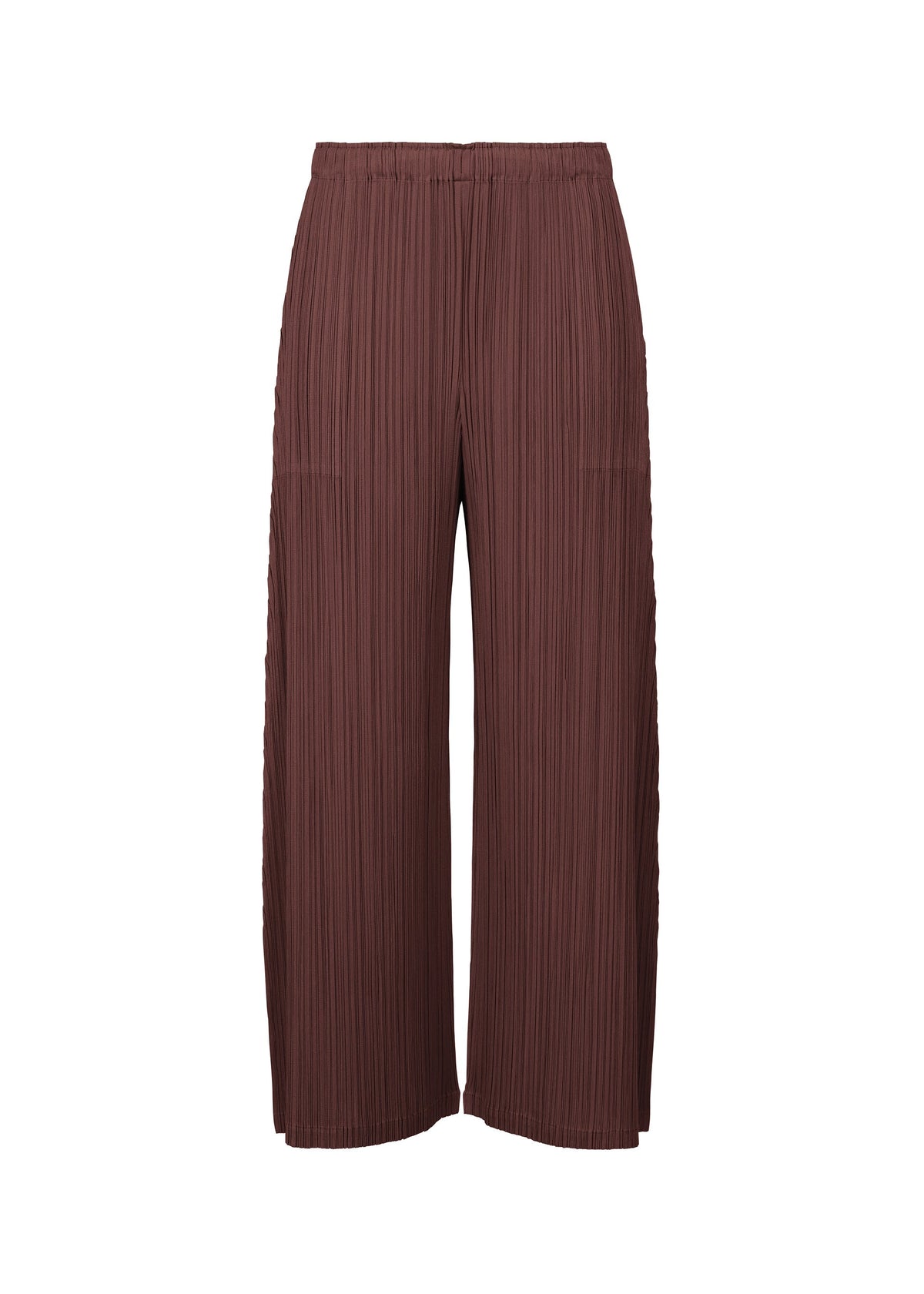 MONTHLY COLORS : JANUARY by PLEATS PLEASE ISSEY MIYAKE features wide-leg brown pleated pants with an elastic waistband and pockets, made from mid-weight fabric, shown against a plain white background. view 3 of 8
