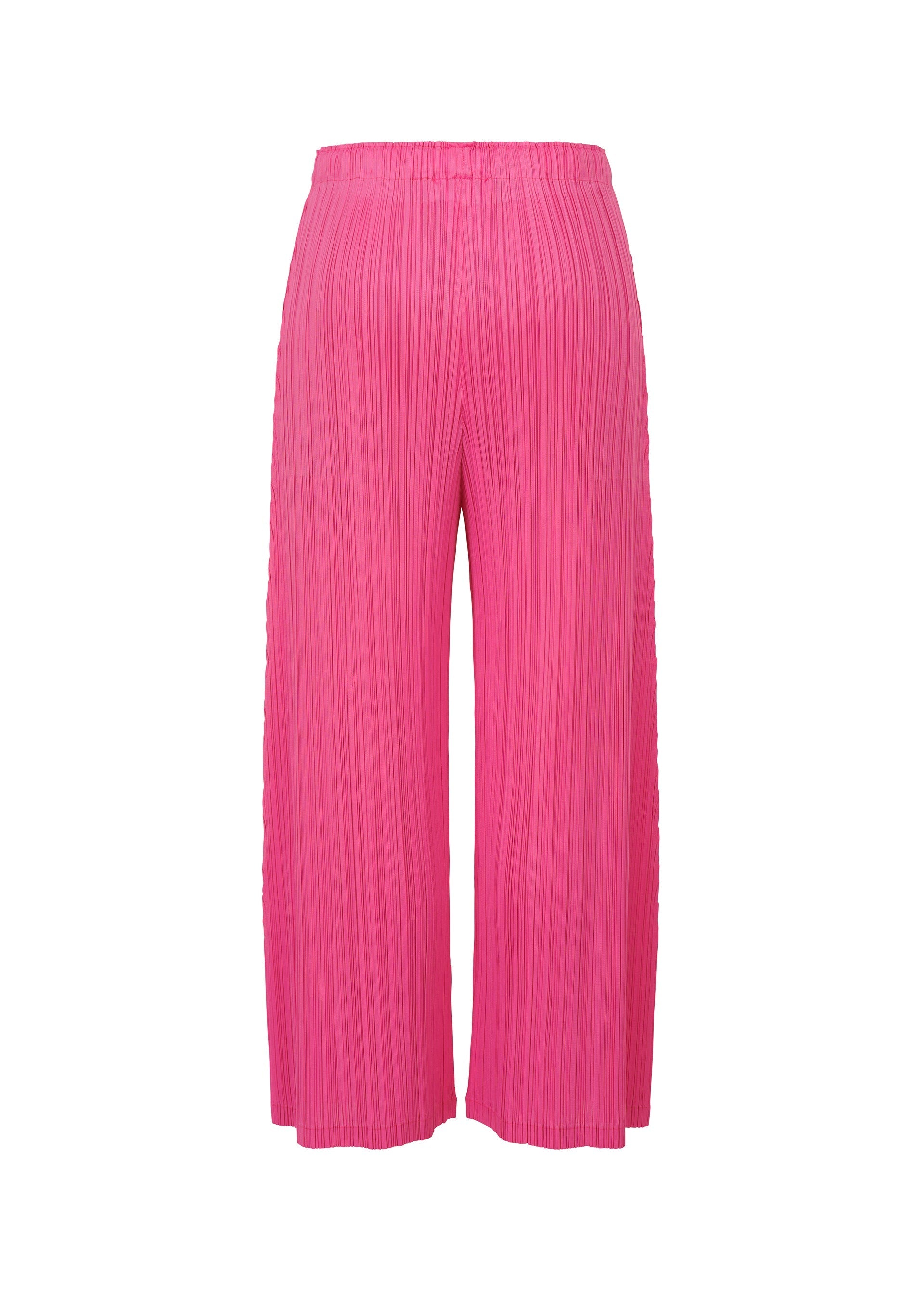 Zoomed view MONTHLY COLORS : JANUARY by PLEATS PLEASE ISSEY MIYAKE—bright pink, mid-weight straight pants with wide-leg pleats, elastic waistband, and pockets. Displayed against a white background.