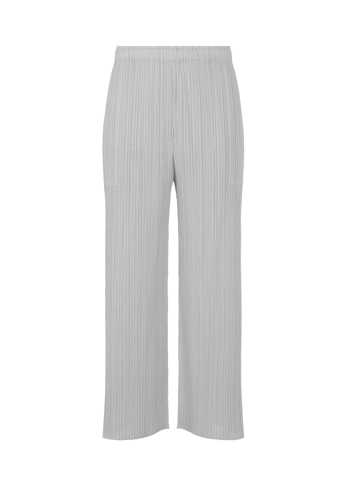 Light gray, high-waisted straight pants with pleats and a wide-leg cut from PLEATS PLEASE ISSEY MIYAKE's MONTHLY COLORS: FEBRUARY, featuring an elastic waistband and sleek silhouette. Shown on a white background. view 2 of 9