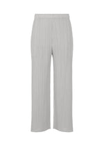 Light gray, high-waisted straight pants with pleats and a wide-leg cut from PLEATS PLEASE ISSEY MIYAKE's MONTHLY COLORS: FEBRUARY, featuring an elastic waistband and sleek silhouette. Shown on a white background. - LIGHT GRAY （no.10）