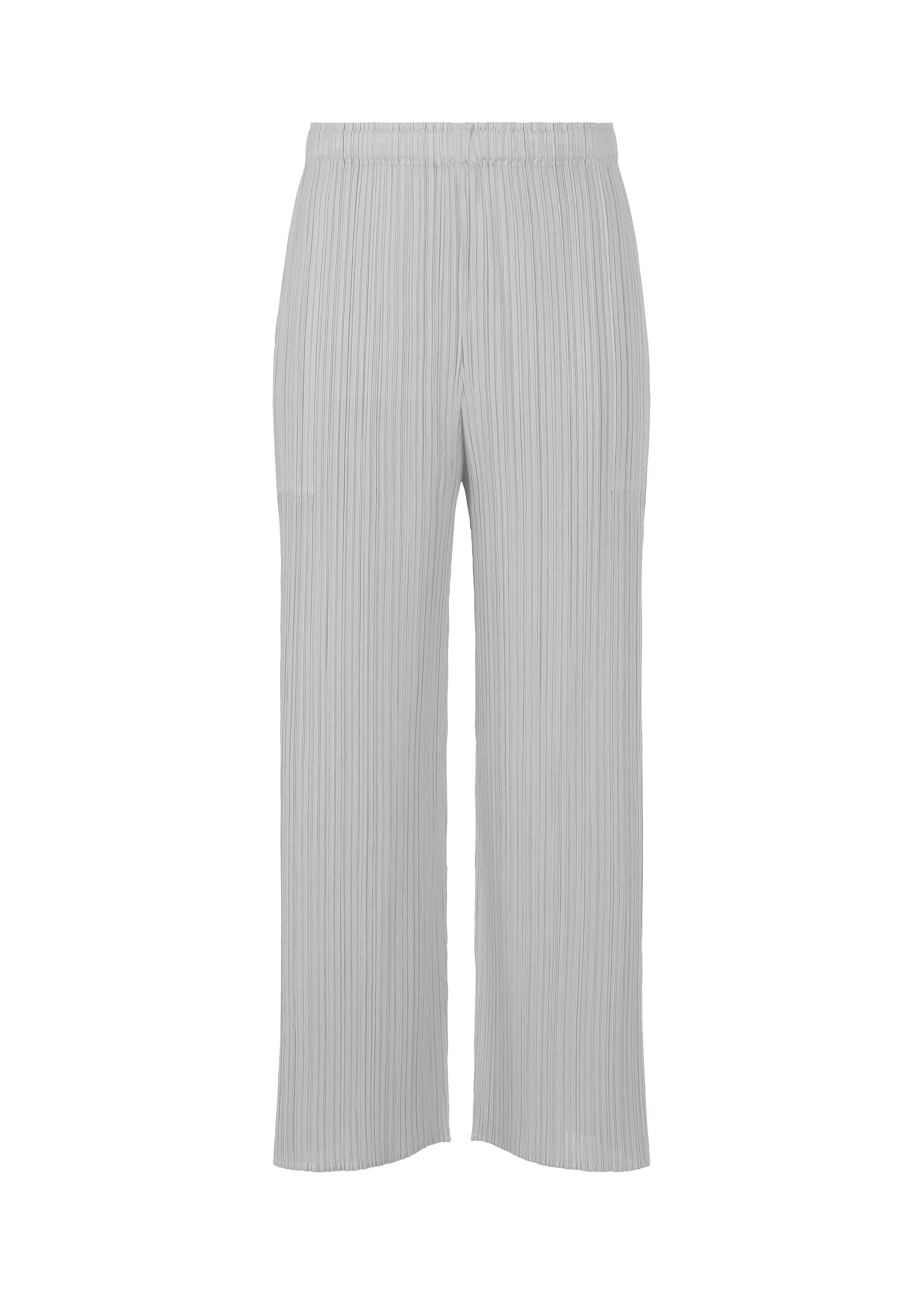 Zoomed view Light gray, high-waisted straight pants with pleats and a wide-leg cut from PLEATS PLEASE ISSEY MIYAKE's MONTHLY COLORS: FEBRUARY, featuring an elastic waistband and sleek silhouette. Shown on a white background. - LIGHT GRAY （no.10）