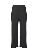 The MONTHLY COLORS : FEBRUARY black straight-leg pants by PLEATS PLEASE ISSEY MIYAKE feature an elastic waistband and pleated, textured fabric, shown against a white background. - BLACK （no.15）