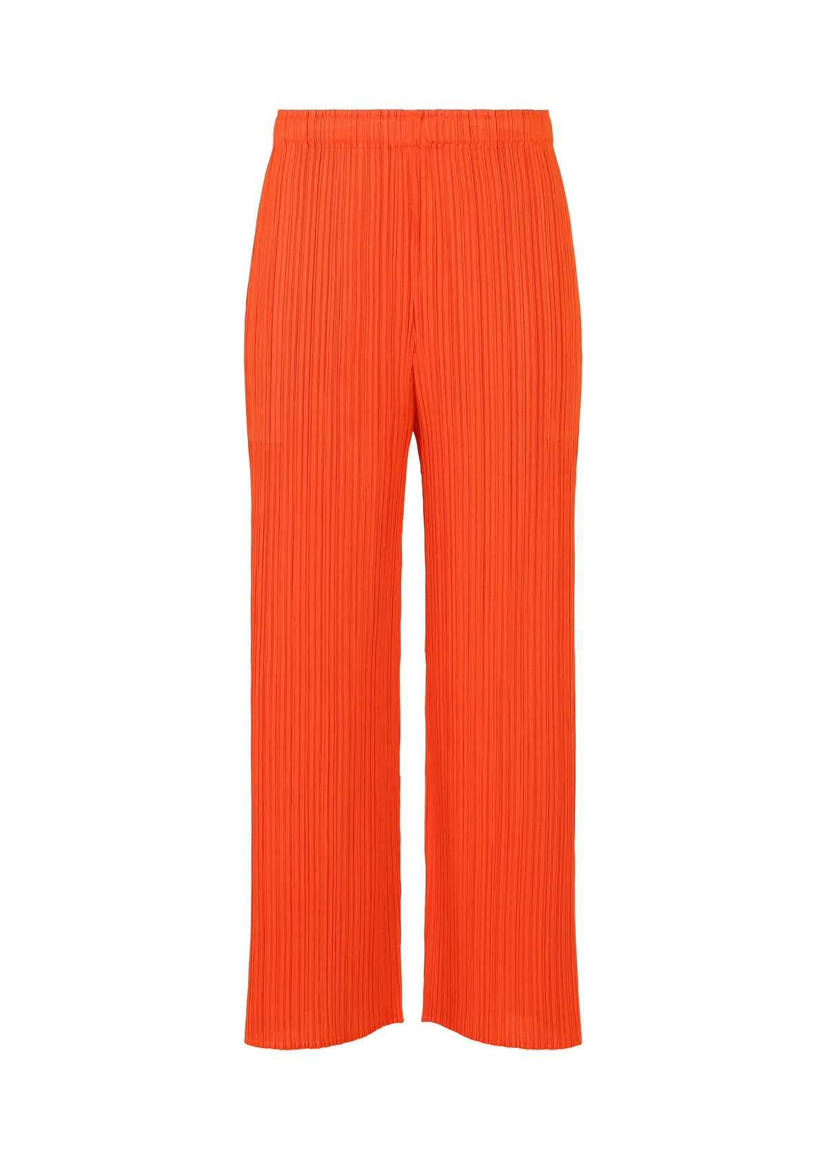 The MONTHLY COLORS : FEBRUARY pants by PLEATS PLEASE ISSEY MIYAKE are bright orange, pleated, and straight-leg with an elastic waistband and lightweight fabric, shown against a white background. view 5 of 9