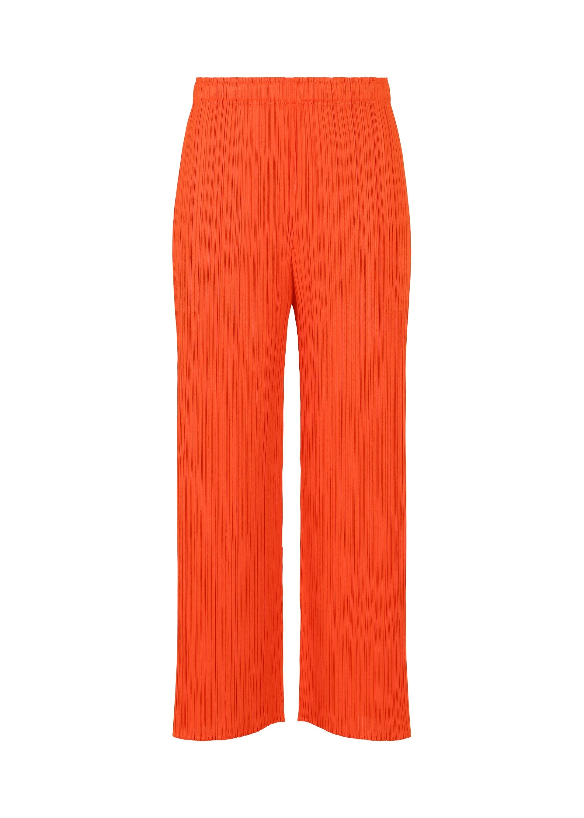 Zoomed view The MONTHLY COLORS : FEBRUARY pants by PLEATS PLEASE ISSEY MIYAKE are bright orange, pleated, and straight-leg with an elastic waistband and lightweight fabric, shown against a white background. - RED （no.24）