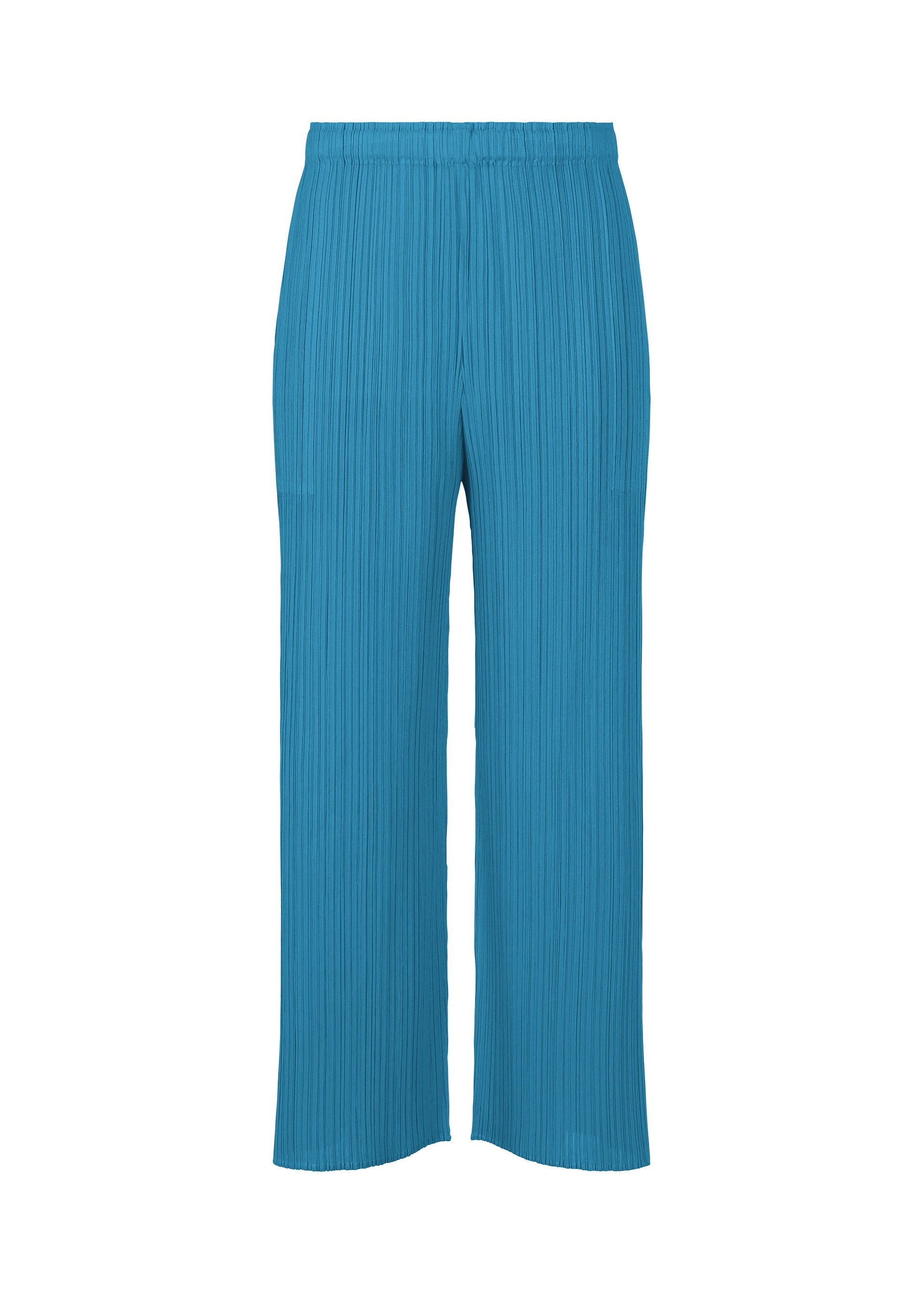 Zoomed view Teal blue pleated wide-leg straight pants with an elastic waistband from PLEATS PLEASE ISSEY MIYAKE's MONTHLY COLORS : FEBRUARY, shown against a plain white background. - DEEP BLUE （no.76）