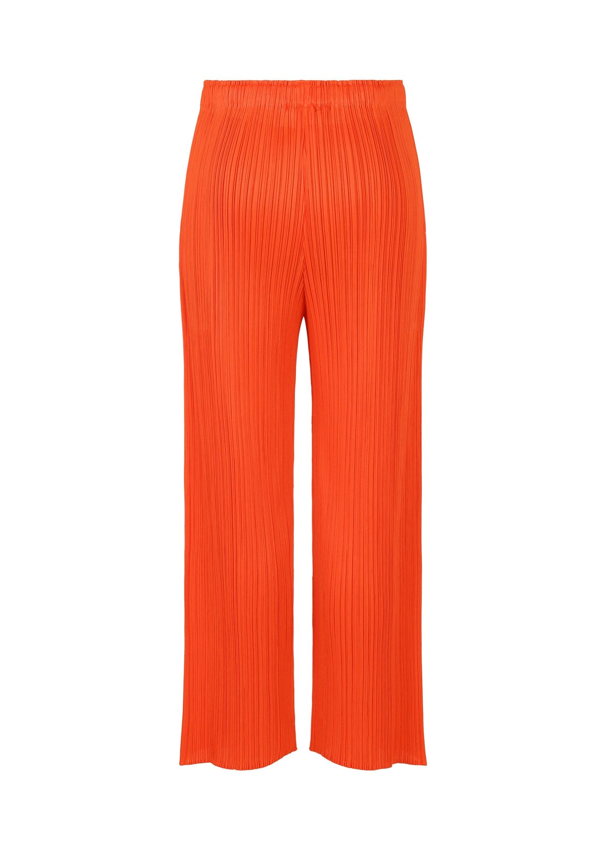 The MONTHLY COLORS : FEBRUARY wide-leg pleated pants by PLEATS PLEASE ISSEY MIYAKE feature a bright orange hue and elastic waistband, shown against a white background. view 6 of 9