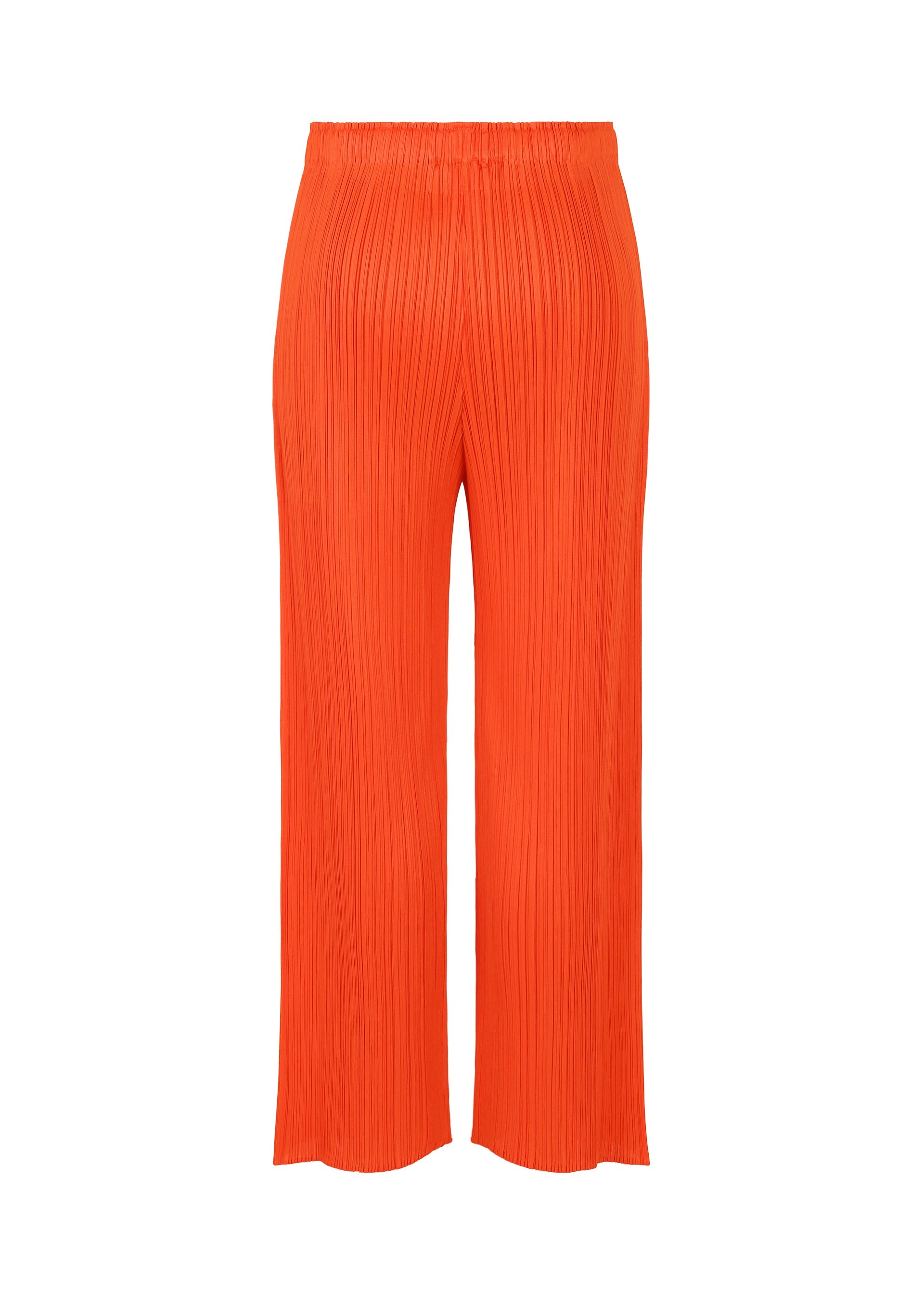 Zoomed view The MONTHLY COLORS : FEBRUARY wide-leg pleated pants by PLEATS PLEASE ISSEY MIYAKE feature a bright orange hue and elastic waistband, shown against a white background.