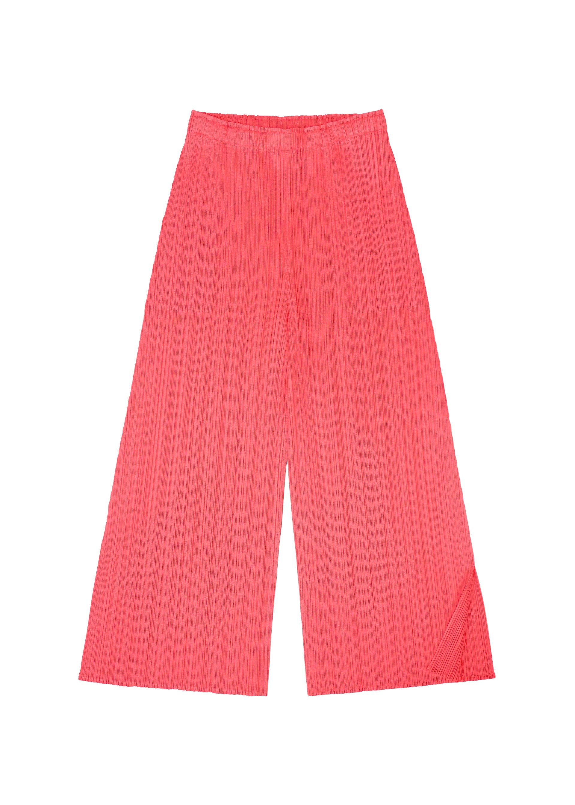Zoomed view The MONTHLY COLORS : MARCH wide-leg, high-waisted pants by PLEATS PLEASE ISSEY MIYAKE feature a bright coral pink hue, pleated texture, and flared silhouette, shown laid flat on a white background.