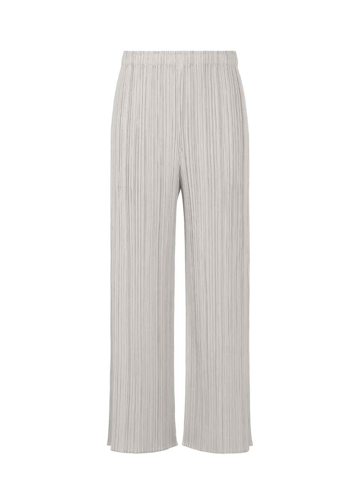 The MONTHLY COLORS : APRIL pants by PLEATS PLEASE ISSEY MIYAKE feature a light gray hue, high-waisted wide-leg cut, and vertical pleats—ideal for those who love light tones and minimalist style. Displayed on a plain white background. view 1 of 8