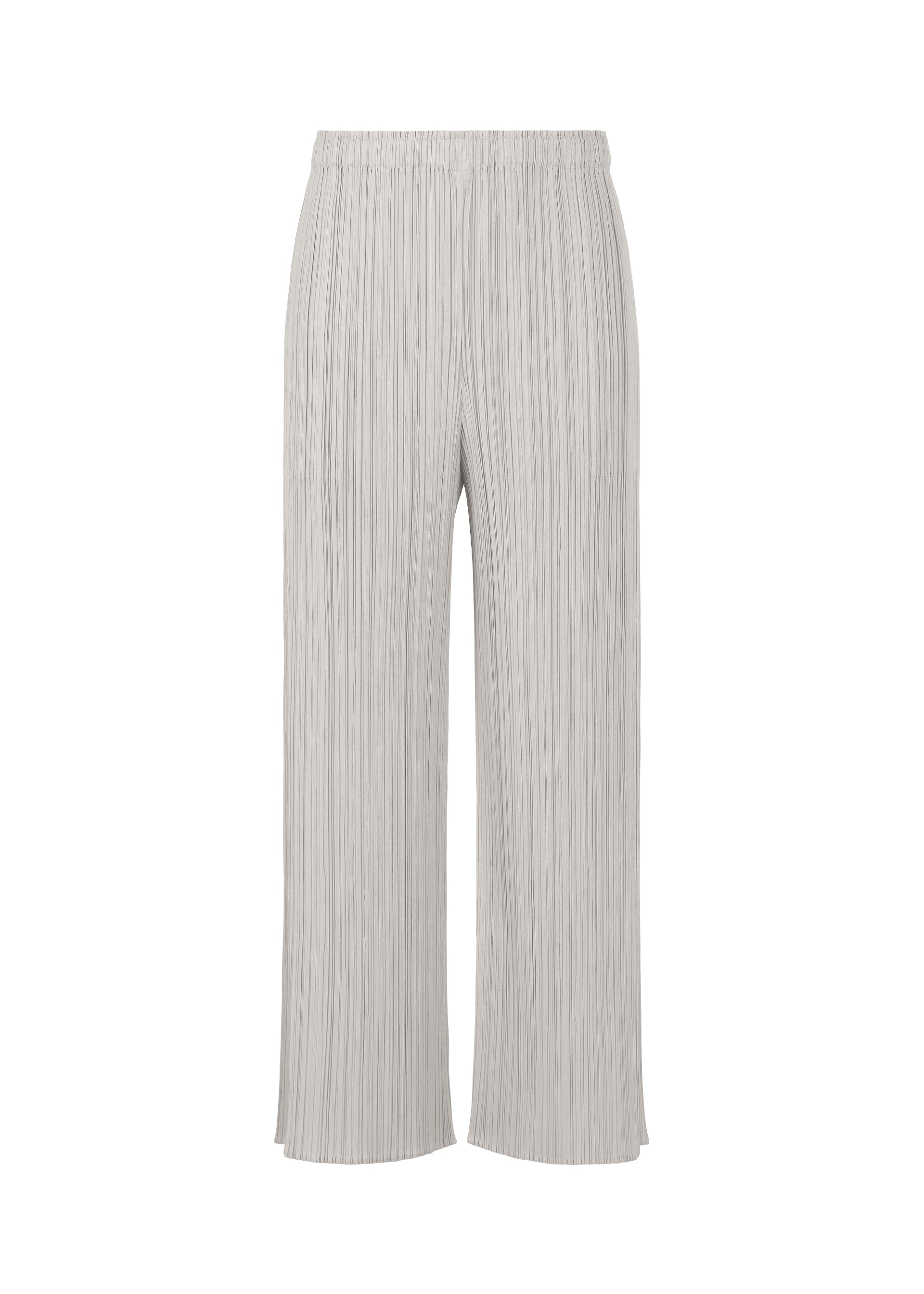 Zoomed view The MONTHLY COLORS : APRIL pants by PLEATS PLEASE ISSEY MIYAKE feature a light gray hue, high-waisted wide-leg cut, and vertical pleats—ideal for those who love light tones and minimalist style. Displayed on a plain white background. - COOL GRAY （no.11）