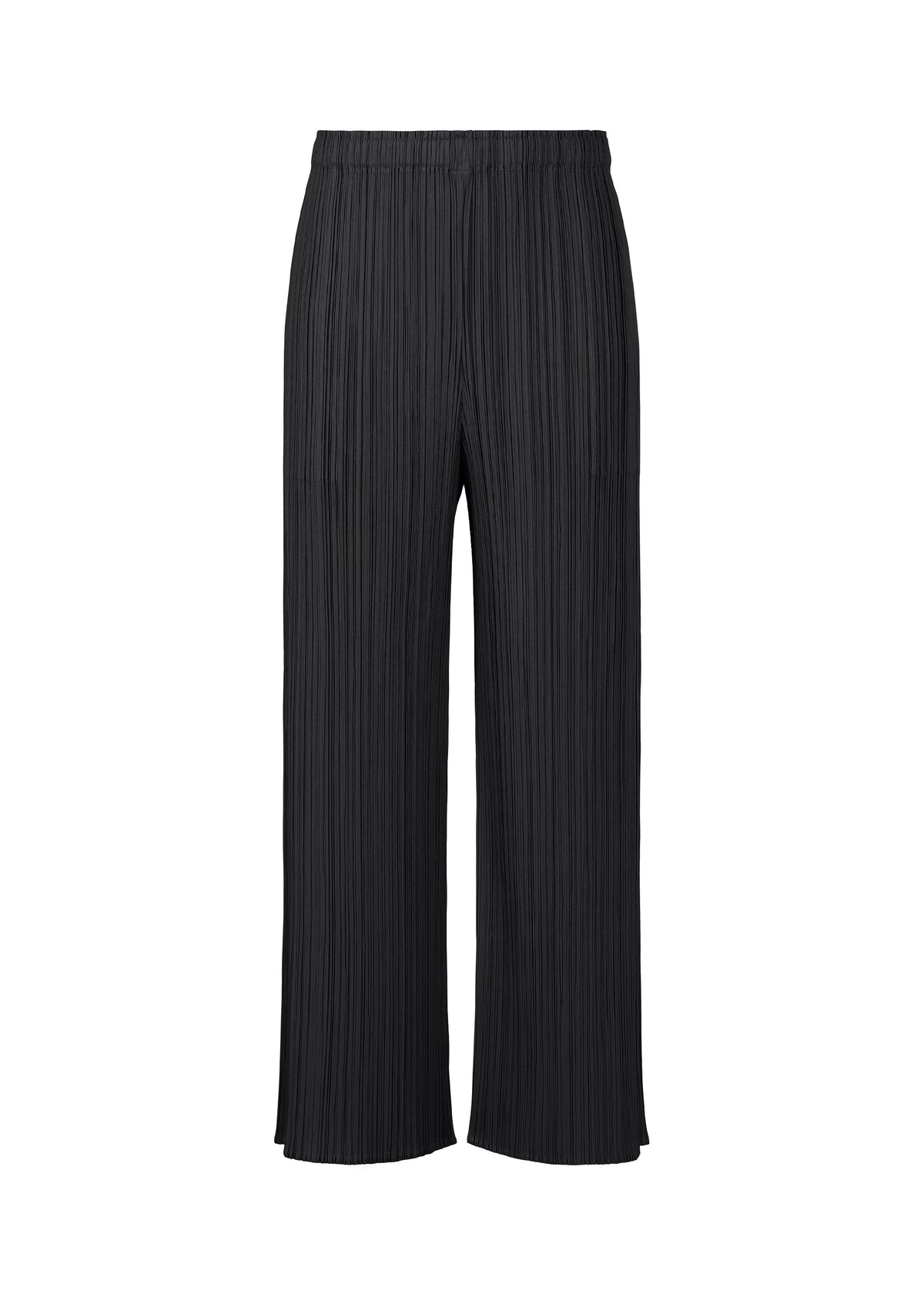The MONTHLY COLORS : APRIL black pleated wide-leg straight pants by PLEATS PLEASE ISSEY MIYAKE feature an elastic waistband and simple silhouette, shown on a white background. Perfect for pairing with light colors. view 5 of 8