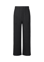 The MONTHLY COLORS : APRIL black pleated wide-leg straight pants by PLEATS PLEASE ISSEY MIYAKE feature an elastic waistband and simple silhouette, shown on a white background. Perfect for pairing with light colors. - BLACK （no.15）