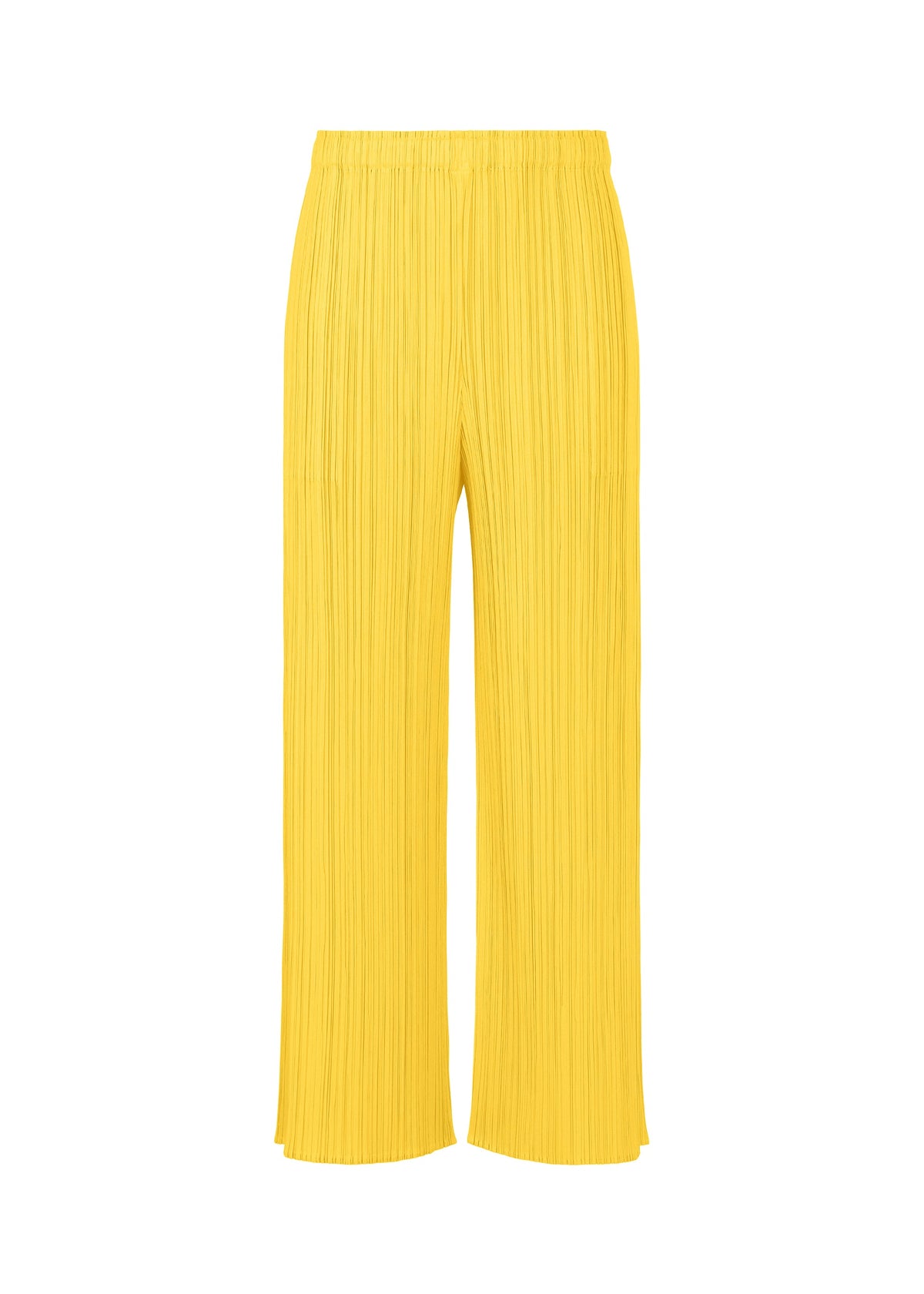 The MONTHLY COLORS : APRIL pants by PLEATS PLEASE ISSEY MIYAKE are bright yellow, wide-leg pleated straight pants with an elastic waistband—ideal for fans of simple silhouettes and light colors. view 2 of 8