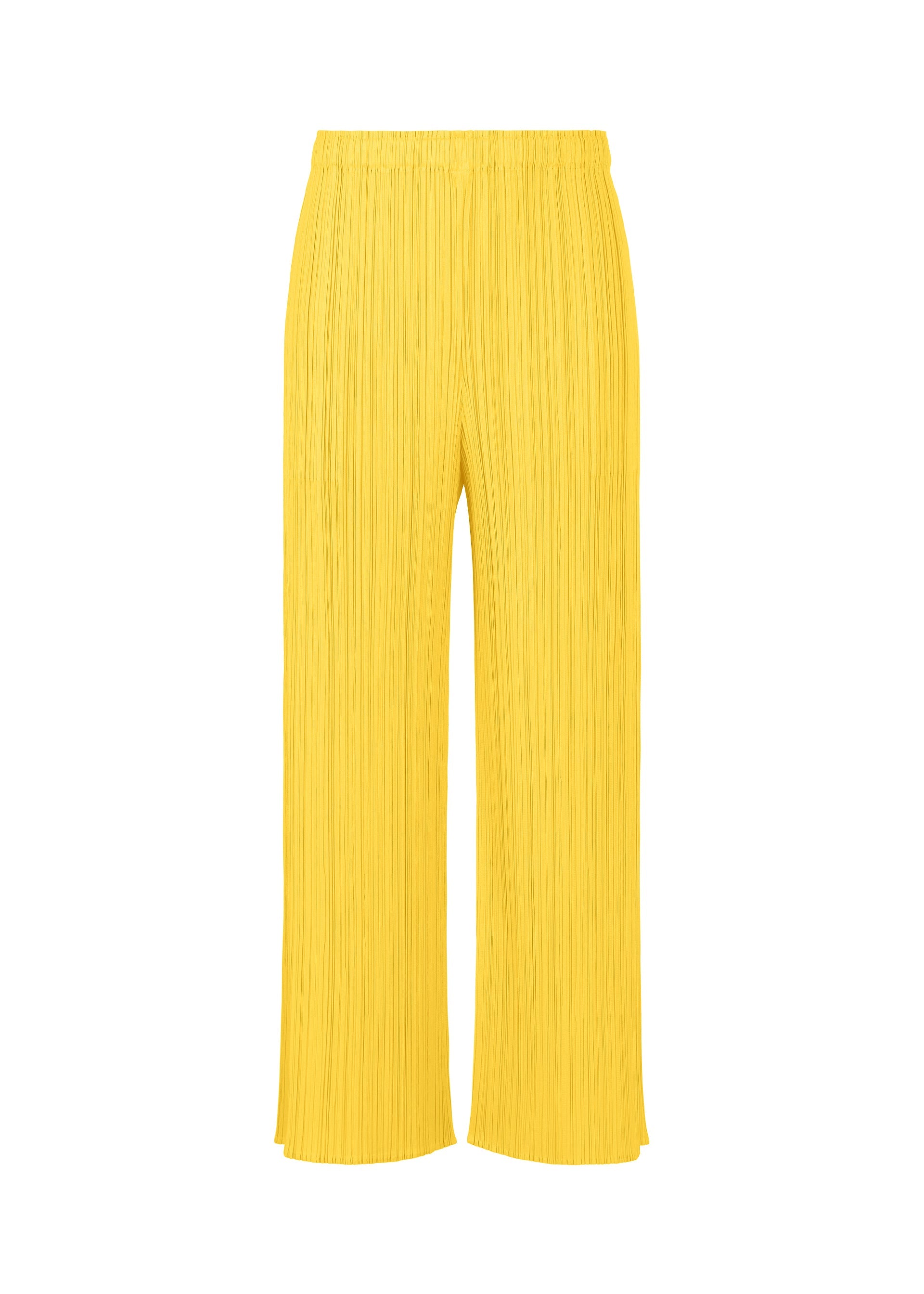 Zoomed view The MONTHLY COLORS : APRIL pants by PLEATS PLEASE ISSEY MIYAKE are bright yellow, wide-leg pleated straight pants with an elastic waistband—ideal for fans of simple silhouettes and light colors. - YELLOW （no.52）