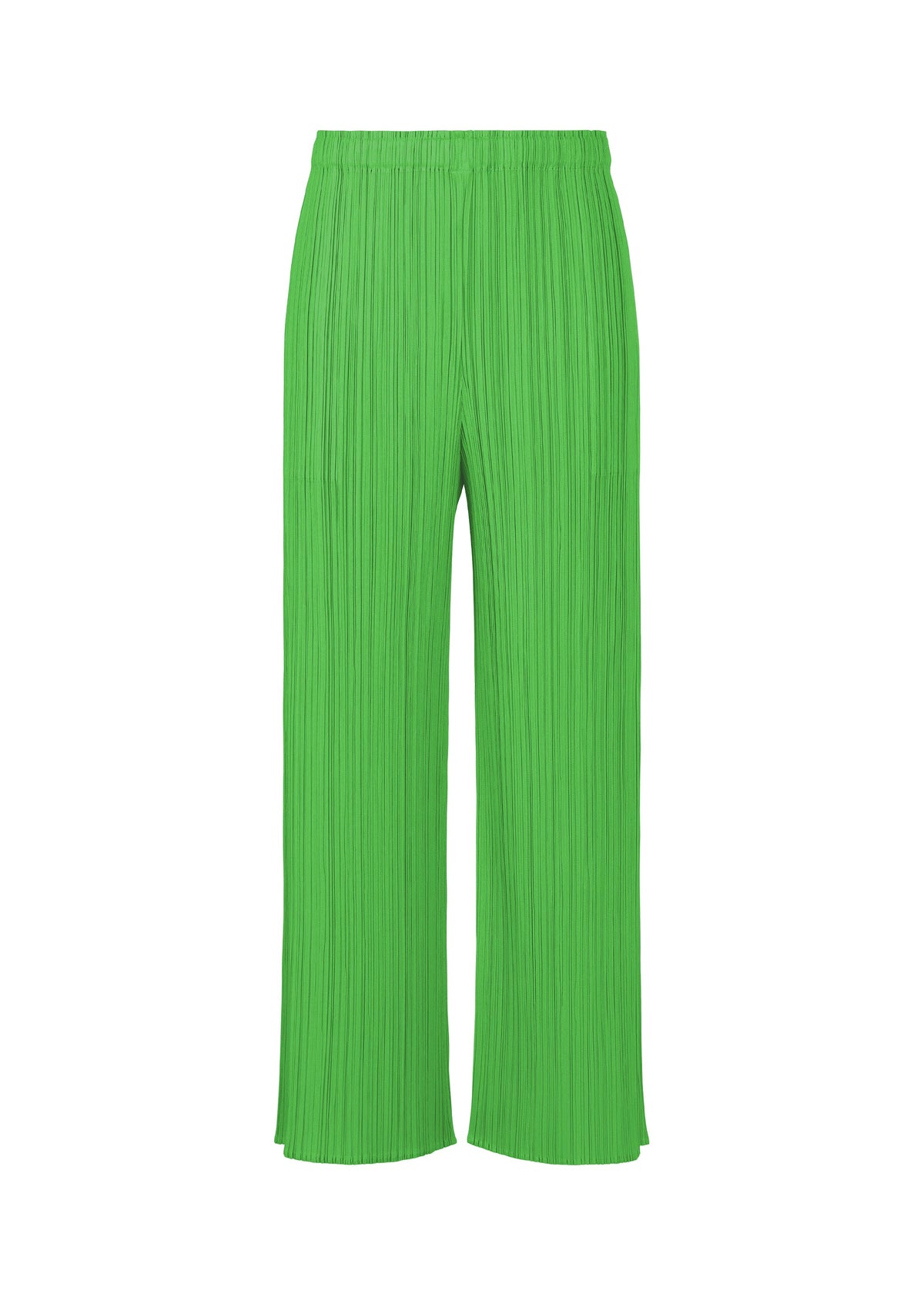 The MONTHLY COLORS : APRIL pleated wide-leg pants by PLEATS PLEASE ISSEY MIYAKE feature a bright green hue and elastic waistband, shown on a white background—ideal for fans of light colors and minimalist style. view 3 of 8