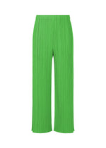 The MONTHLY COLORS : APRIL pleated wide-leg pants by PLEATS PLEASE ISSEY MIYAKE feature a bright green hue and elastic waistband, shown on a white background—ideal for fans of light colors and minimalist style. - GREEN （no.62）