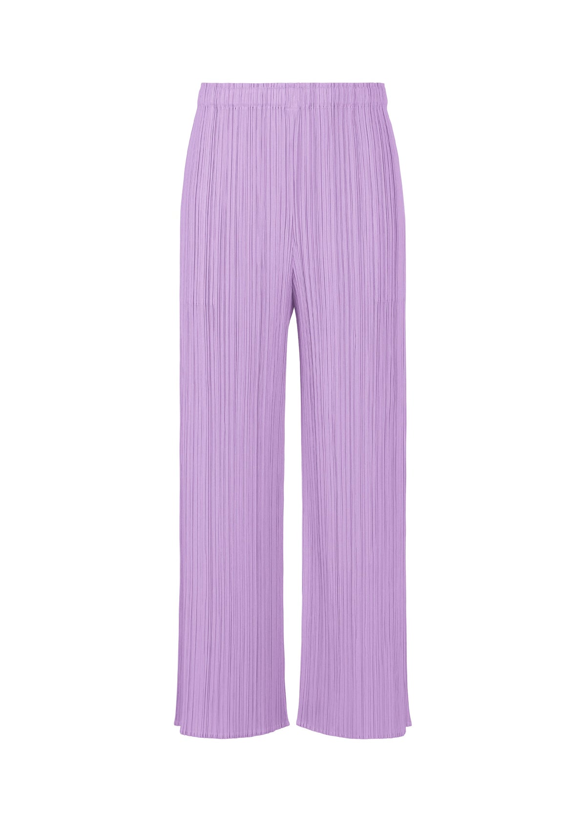 The MONTHLY COLORS : APRIL lilac pleated wide-leg straight pants by PLEATS PLEASE ISSEY MIYAKE feature an elastic waistband, simple silhouettes, and light hues, shown against a white background. view 4 of 8