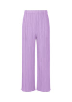 The MONTHLY COLORS : APRIL lilac pleated wide-leg straight pants by PLEATS PLEASE ISSEY MIYAKE feature an elastic waistband, simple silhouettes, and light hues, shown against a white background. - LIGHT PURPLE （no.80）