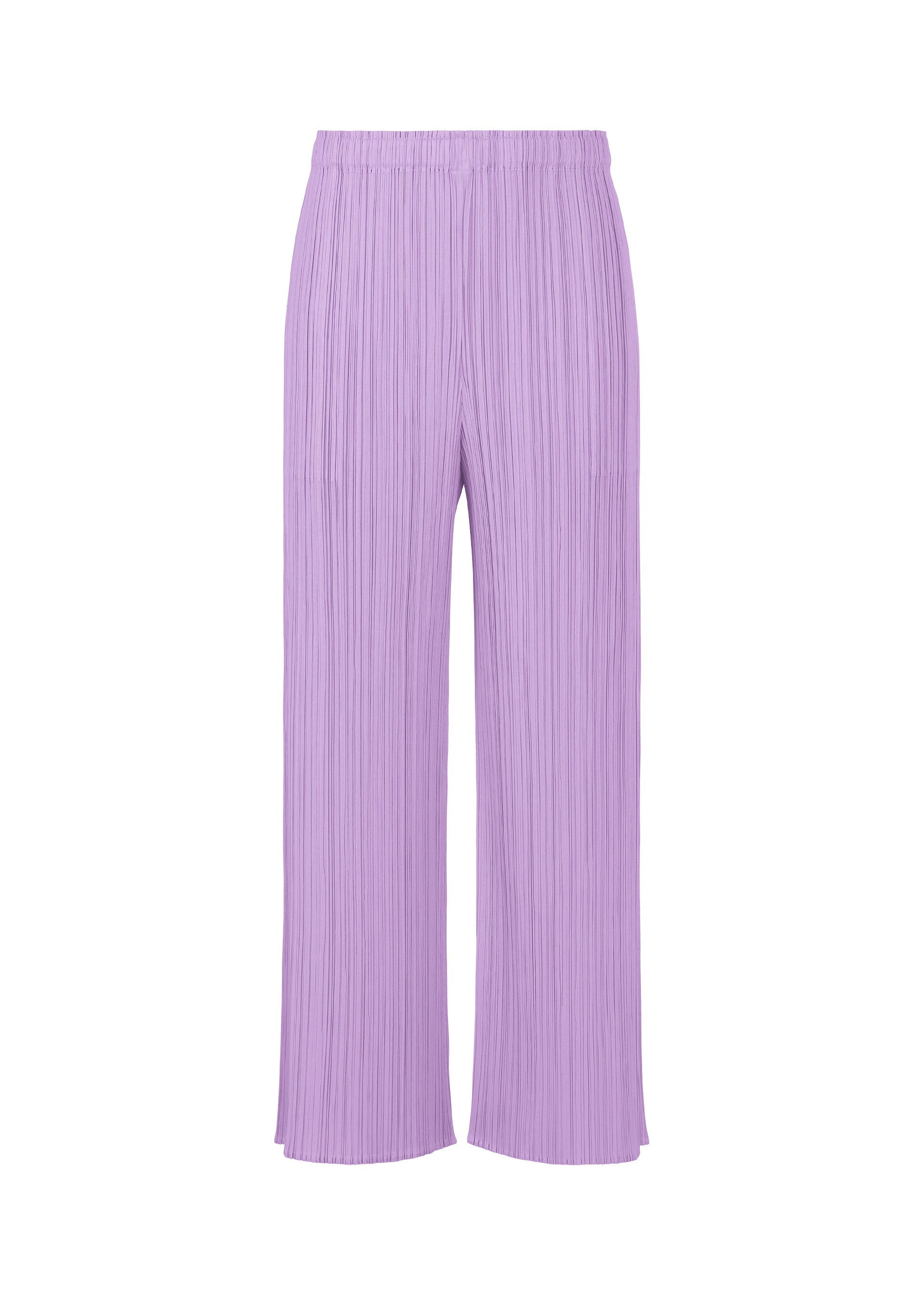 Zoomed view The MONTHLY COLORS : APRIL lilac pleated wide-leg straight pants by PLEATS PLEASE ISSEY MIYAKE feature an elastic waistband, simple silhouettes, and light hues, shown against a white background. - LIGHT PURPLE （no.80）