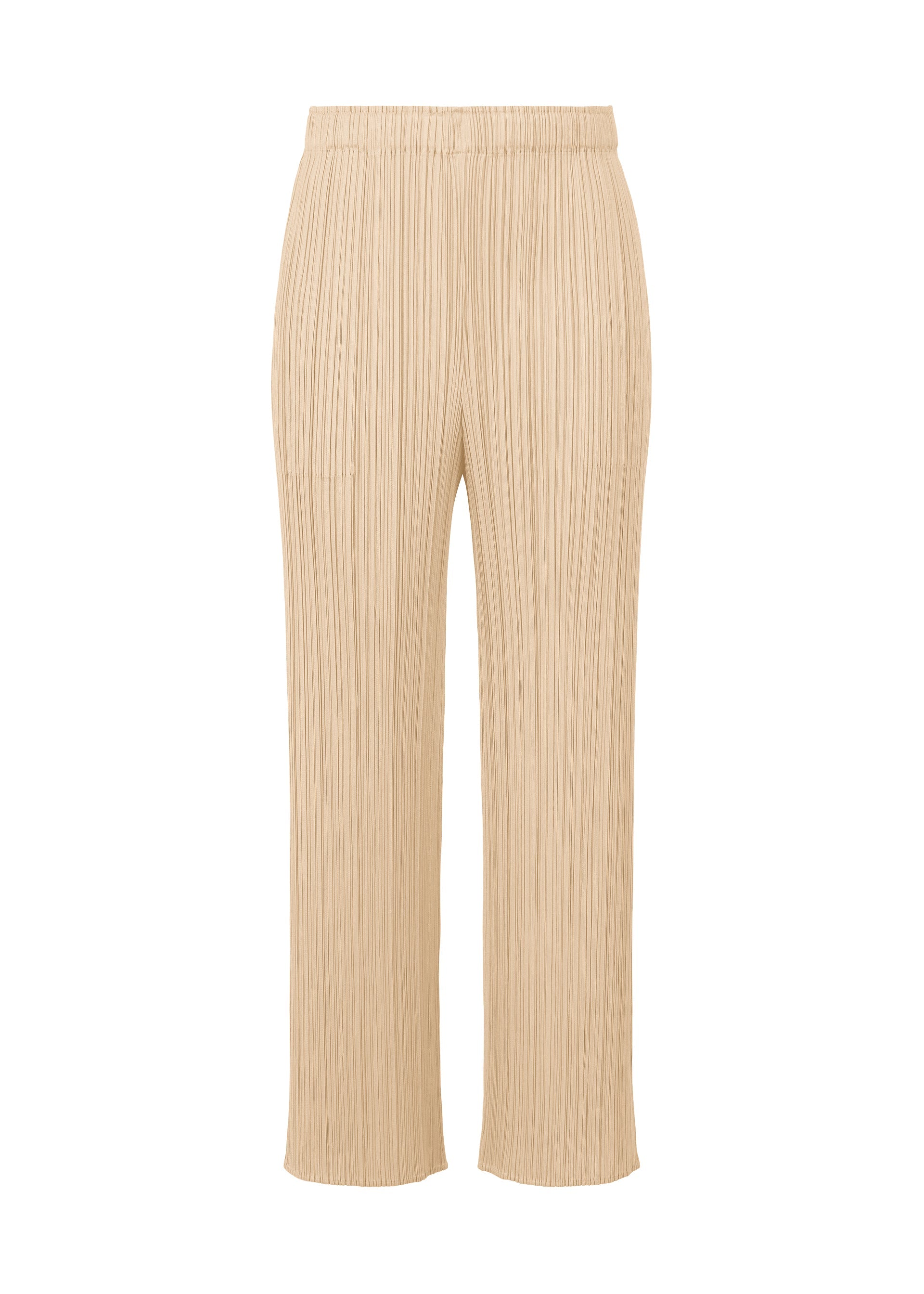 Zoomed view MONTHLY COLORS : MAY by PLEATS PLEASE ISSEY MIYAKE—beige pleated wide-leg pants with an elastic waistband, ideal for summer style, shown on a plain white background. - SAND BEIGE (no.43)